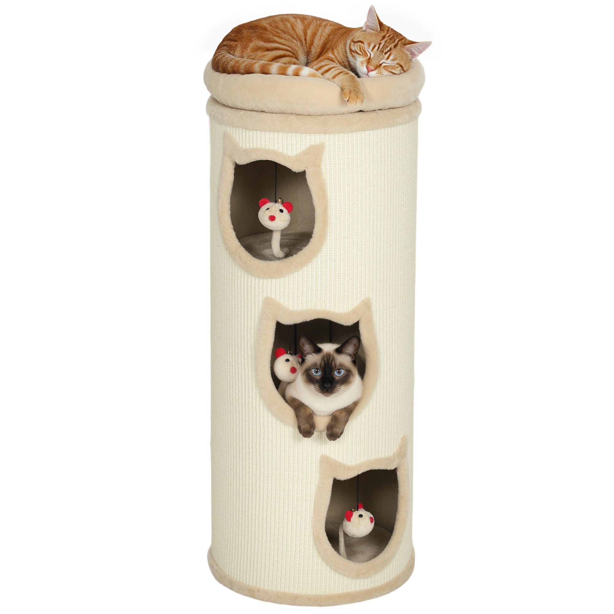 PawHut Kratztonne 96 cm hoch, (Katzenturm, 1-tlg., Katzentoilette mit Sisalseil, 3 Höhlen), mit 3 Spielzeugen, Cremeweiß