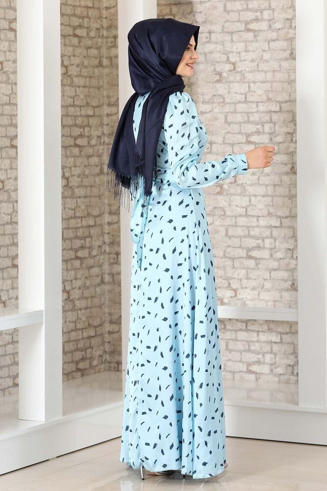 Satin Mode Abiye Satinkleid gemustertes Hijab Kleid aus Modavitrini Baby-Blau Abendleid Abaya