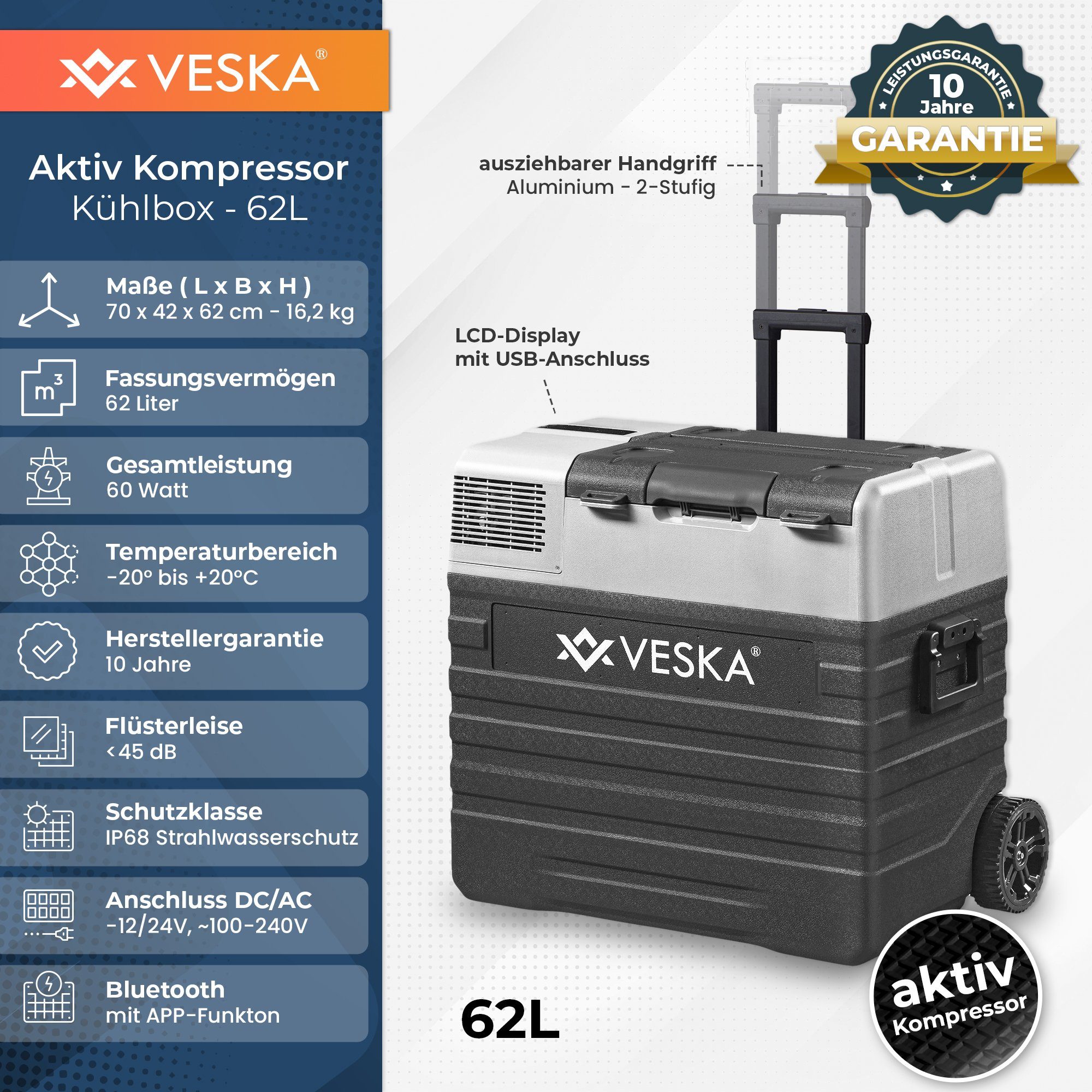 VESKA Elektrische Kühlbox Kompressor Gefriertruhe mobiler Kühlschrank, Kühltruhe, Gefrierbox, 12V/24V, 230V, für Auto, Lkw, Boot, Wohnwagen, Camping