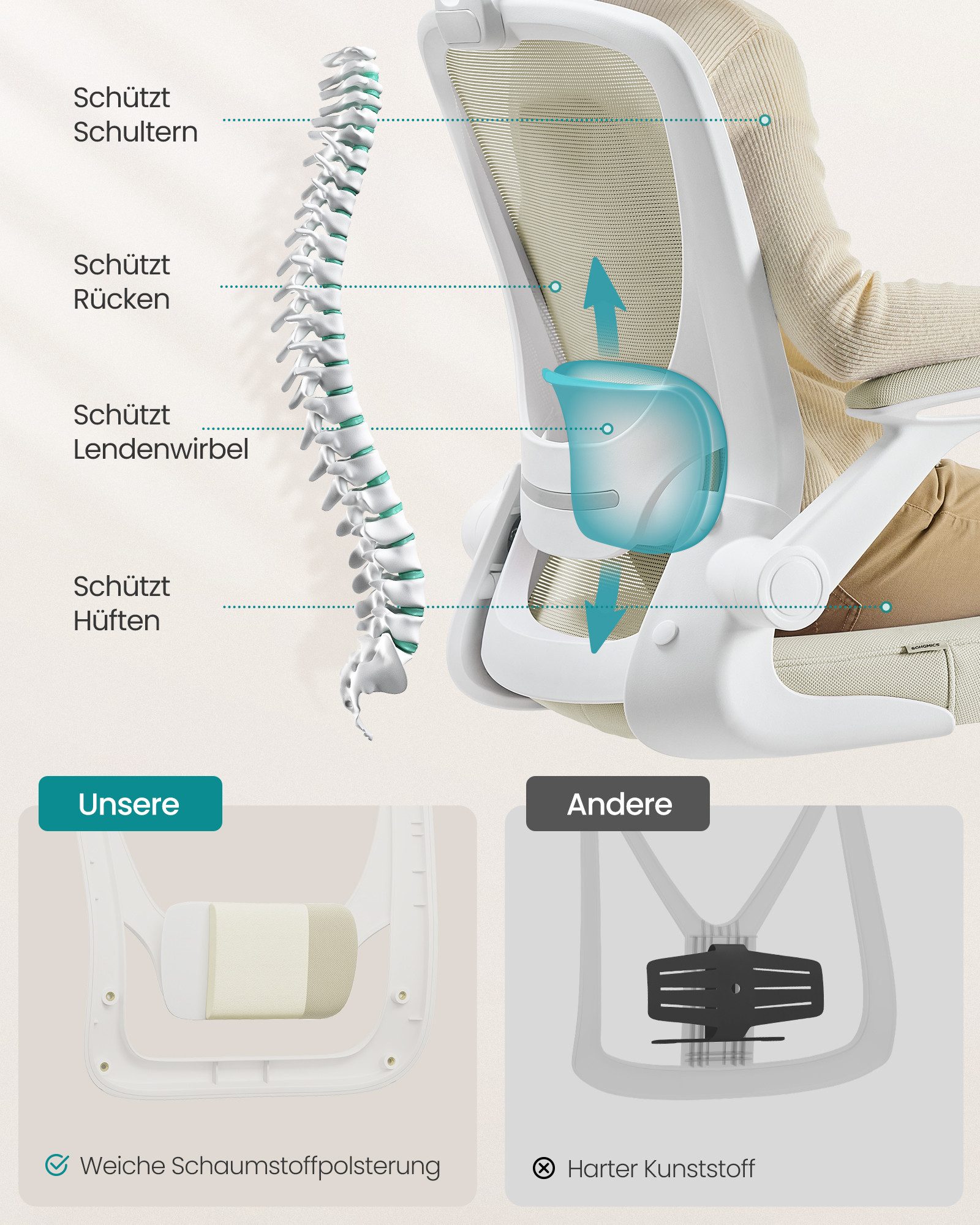 SONGMICS Bürostuhl ergonomischer Drehstuhl mit Mesh, Lendenstütze, Wippfunktion, mit Kopfstütze, 53 cm breite Sitzfläche und klappbaren Armlehnen – Bild 4 von 5