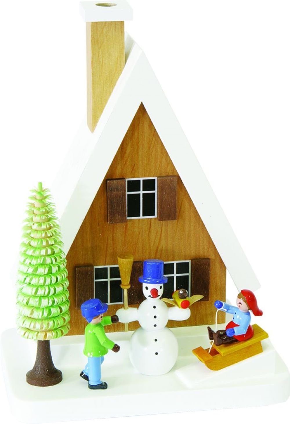 Richard Glaesser Räucherhaus Rauchhaus mit Schneemann Höhe 18 cm, Handwerkskunst aus dem Erzgebirge
