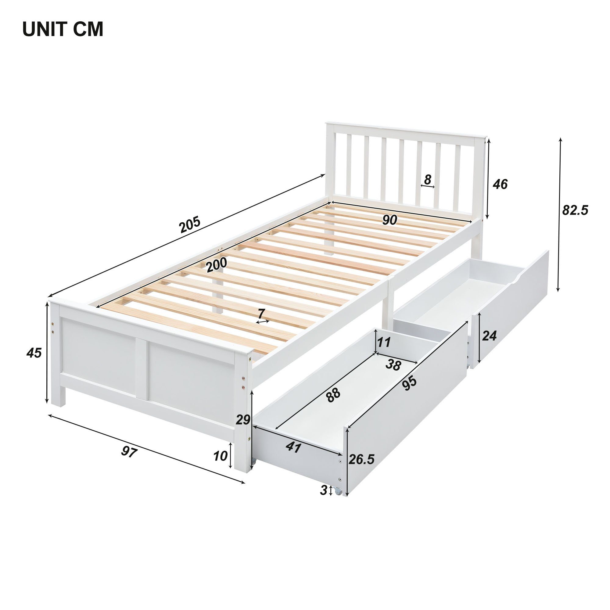 Holzbett, REDOM Rahmen Erwachsenenbett, zur Schubladen Holzbett Matratze Ohne mit (90x200cm, Kiefernholz), Aufbewahrung, Kinderbett aus