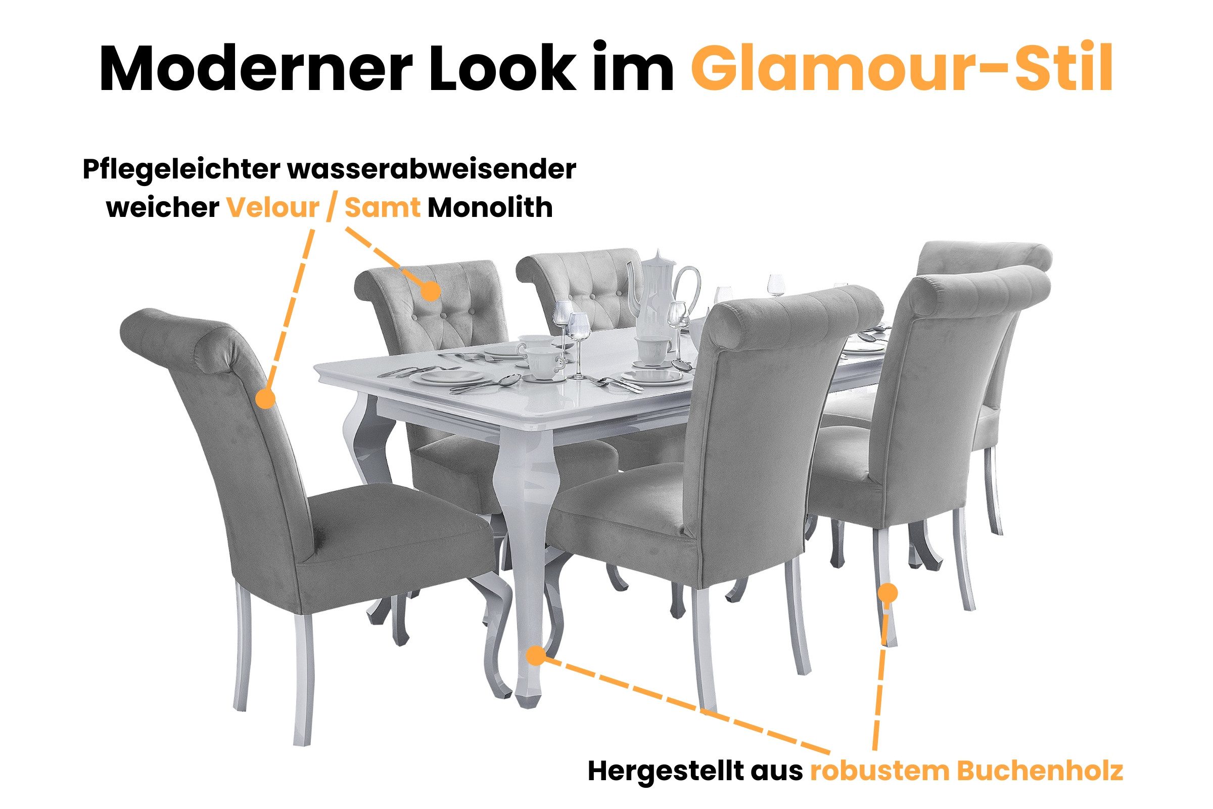 Deine Möbel 24 Essgruppe LUISE Tischgruppe Glamour Tisch mit 4 / 6 Stühlen Esszimmer, (Graphit Anthrazit Dunkelgrau Grau Beige Schwarz, 7-tlg., Wohnzimmer, Esstisch aus Massivholz), in Weiß hochglanz Stühle in Samt Velour 140x80x180 170x90x210
