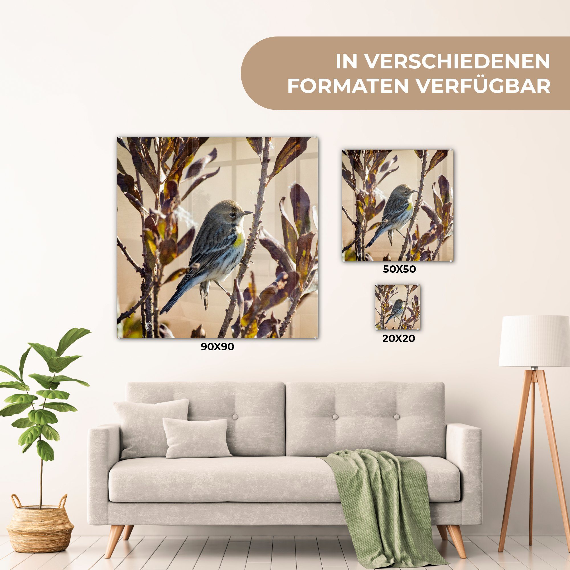 St), (1 Wanddekoration mit Blättern, - Foto Wandbild Acrylglasbild MuchoWow - Vogel auf Glasbilder auf Bilder einem - zwischen Glas Glas Zweig