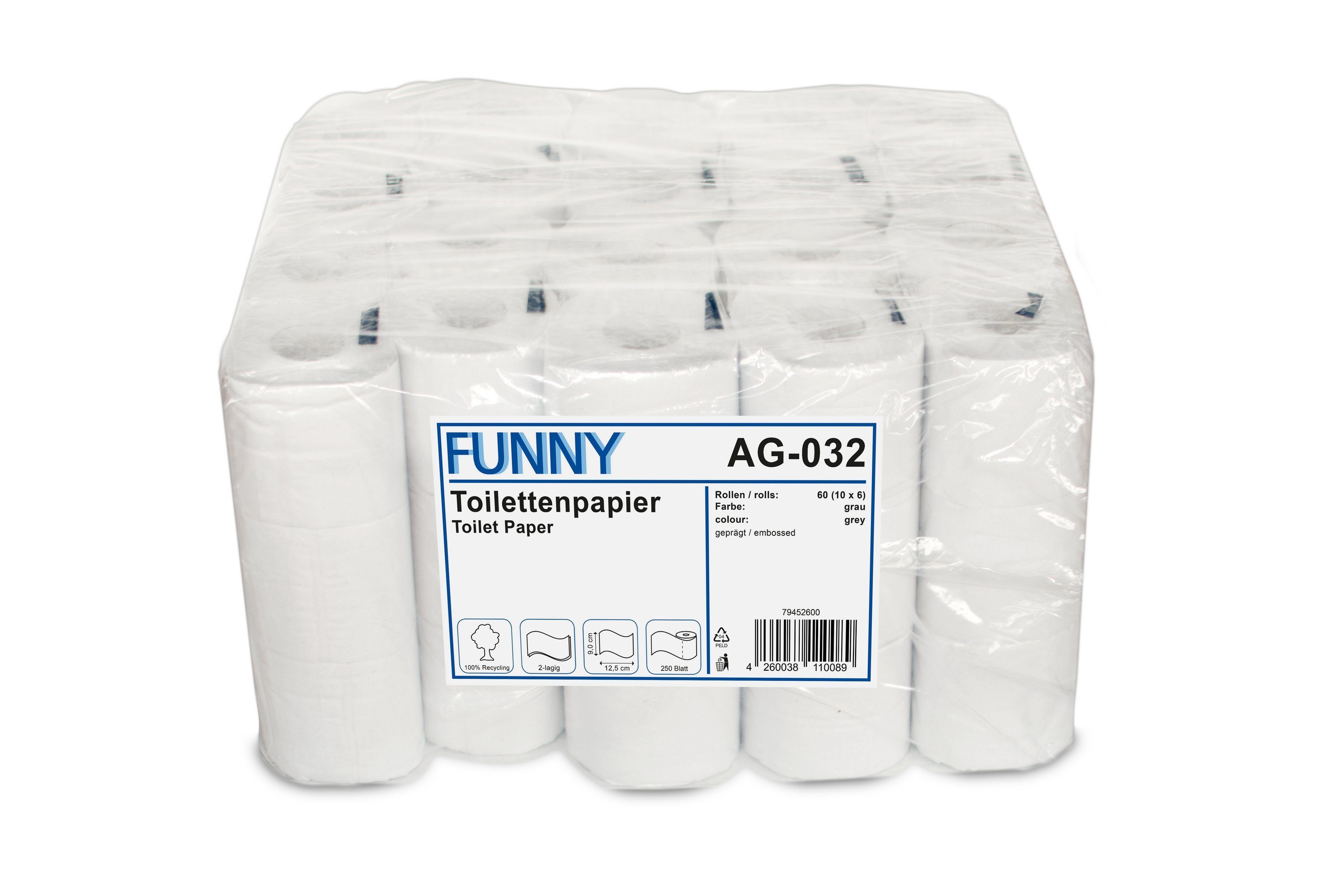 Funny Toilettenpapier 2-lagig, rec. grau, 60 Rollen, 250 Blatt-Rolle
