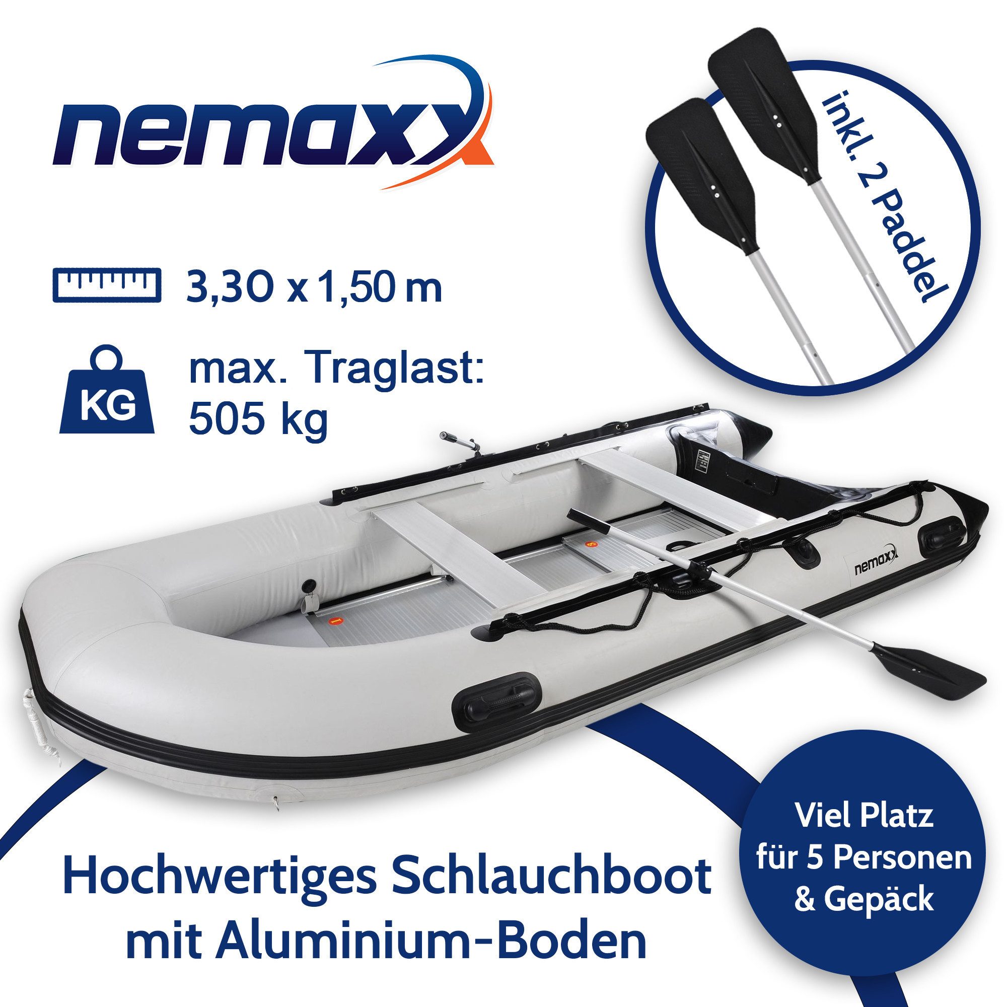 NEMAXX Schlauchboot 330 cm für 5 Personen Paddel-, Angel- & Ruderboot–505 kg–11 kW/15 PS, (inkl. 2 Paddel,Fußpumpe,Manometer,Tasche & Reparaturset–Aluminiumboden), Tragegriffe, Halteleine, Heckspiegel, Paddelhalter, 3 + 1 Luftkammern