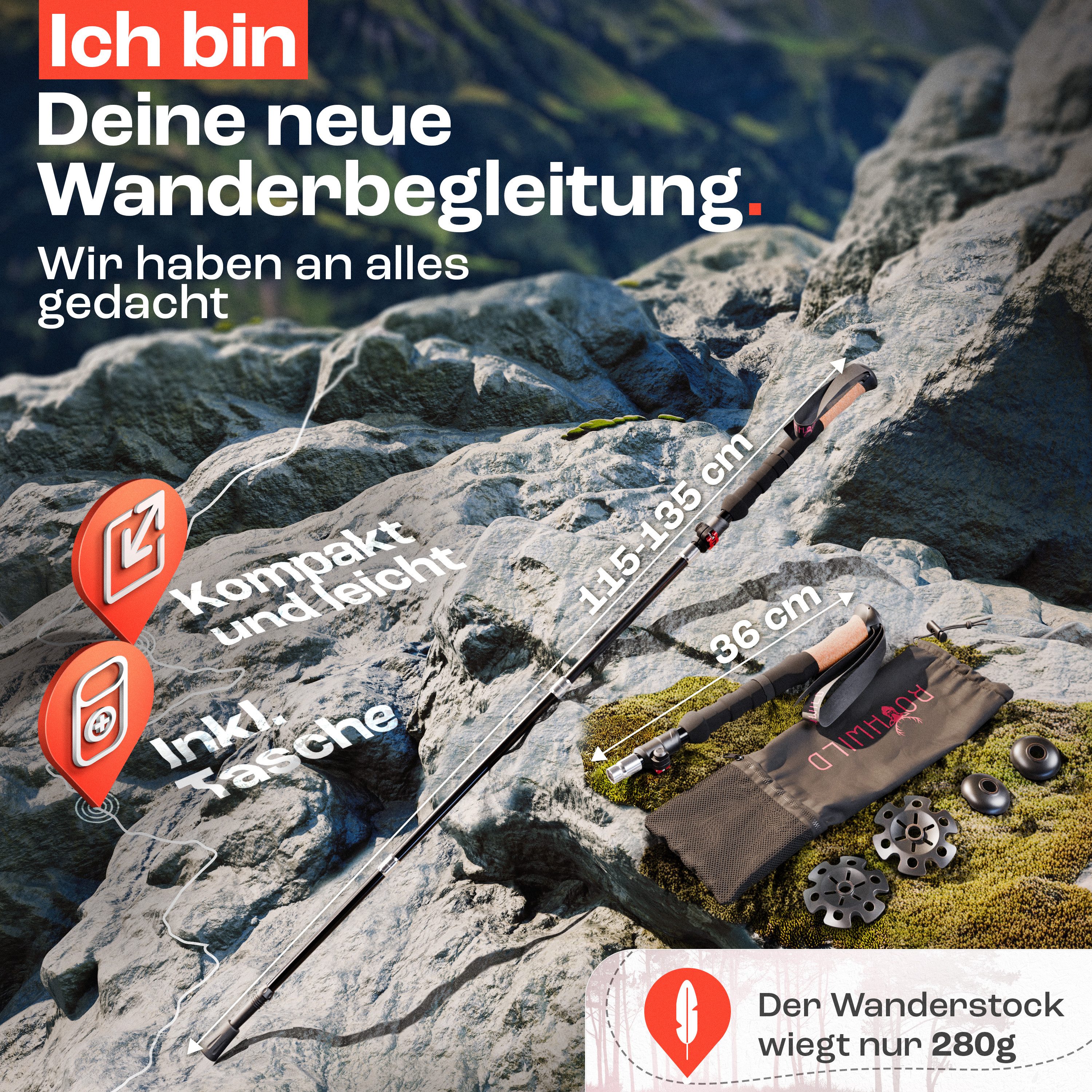 Rothwild Wanderstöcke Luchs, faltbare Trekkingstöcke mit Kork-Griff, verschiedene Größen, umfangreiches Zubehör