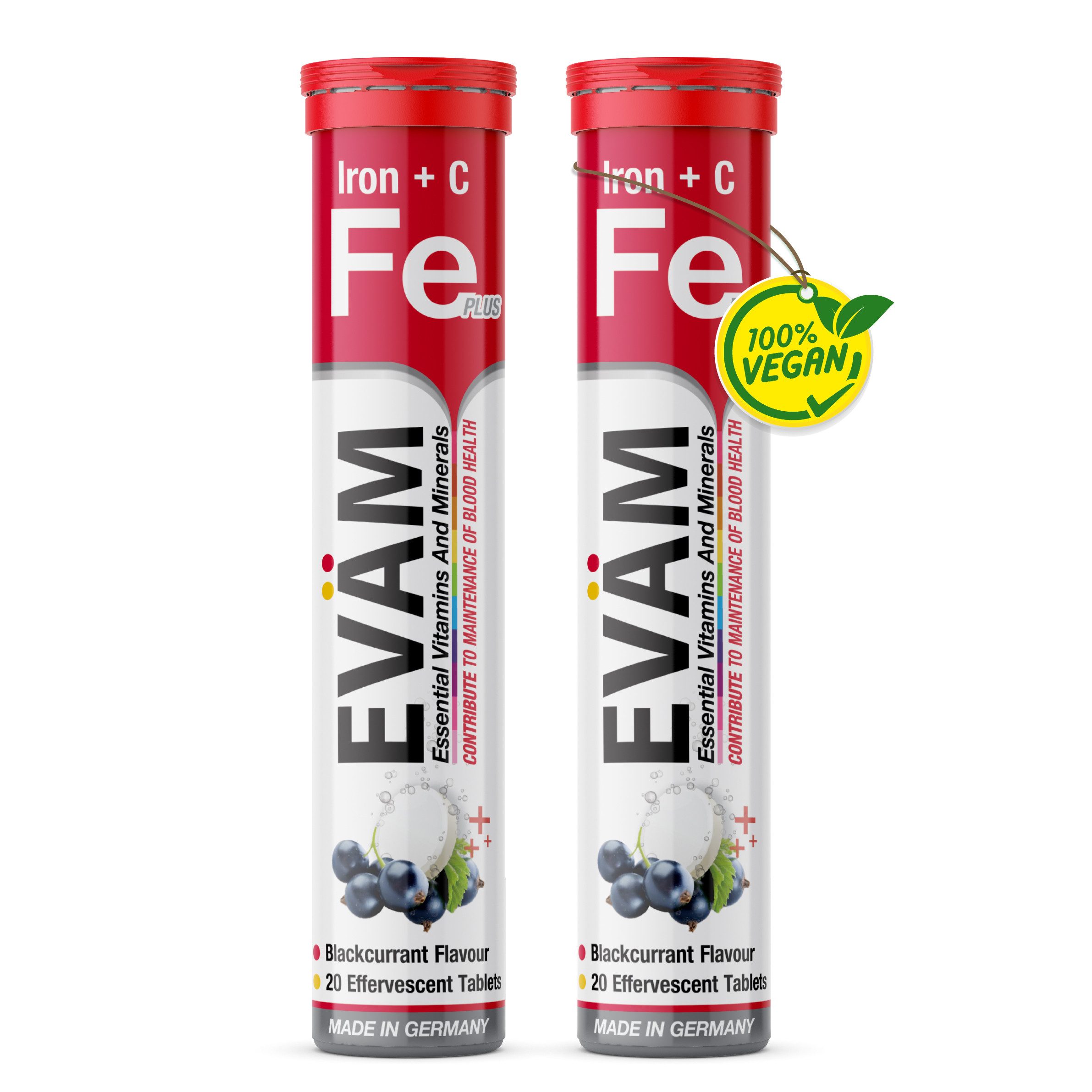 EVÄM Eisen + Vitamin C mit schwarze Johannisbeeren, vegan Brausetabletten, 2 er Rörchen à 20 St., 164 g, made in Germany