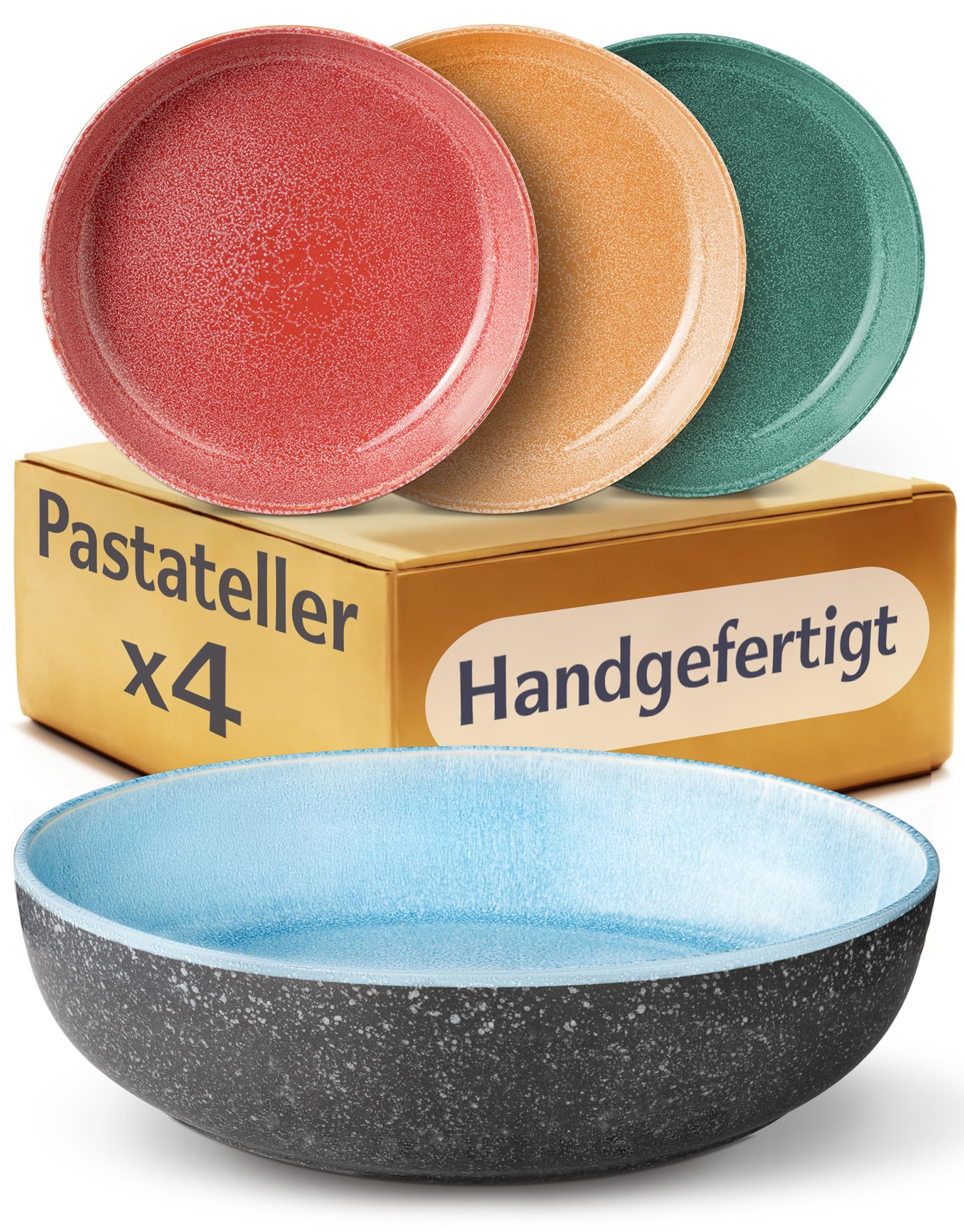 Cosumy Pastateller Steingut Geschirr Set 4 Personen – Handgefertigtes Tafelservice, (4 St), Handglasiert- Mikrowellenfest - Spülmaschinenfest – Design Geschirr