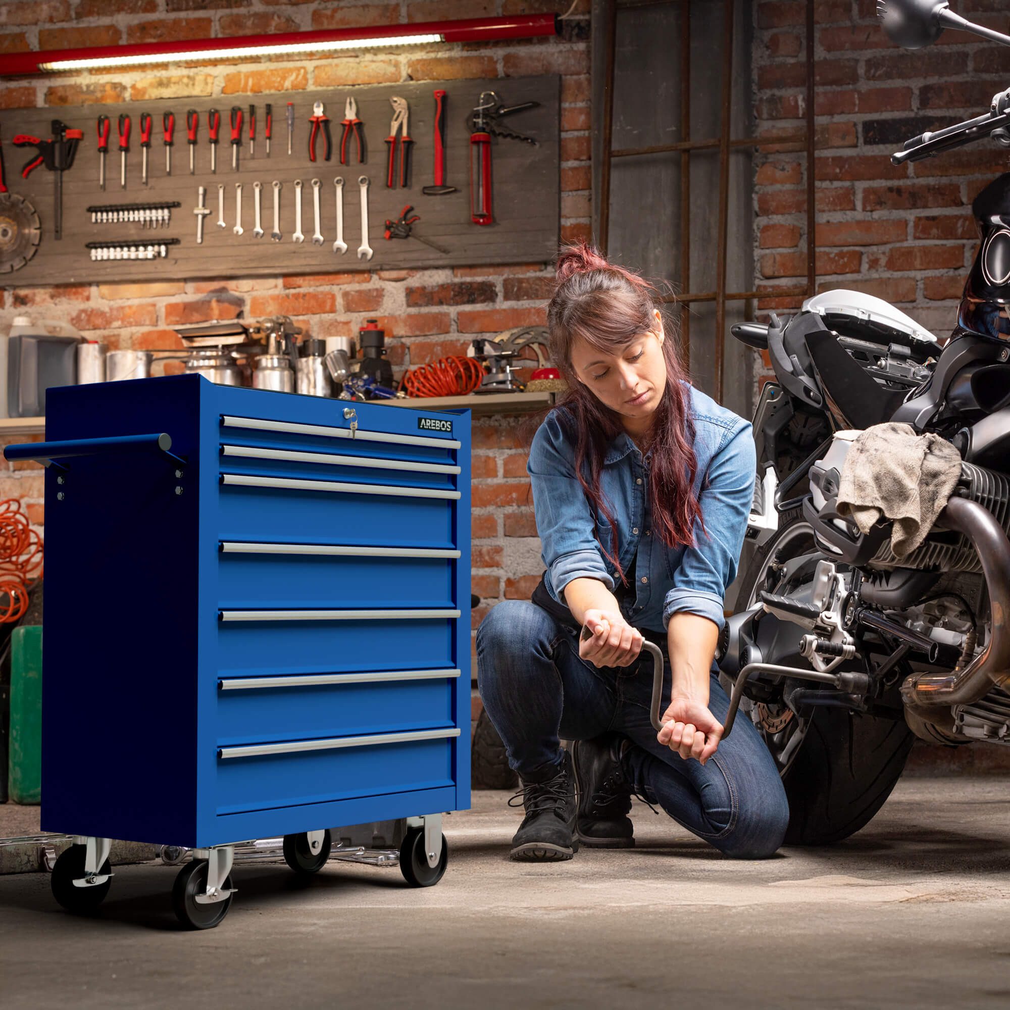 Arebos Werkstattwagen 7-Fächer Rollwagen, Zentral abschließbar mit Antirutschmatten, blau, (Werkzeug Rollwagen 7 Fächer)