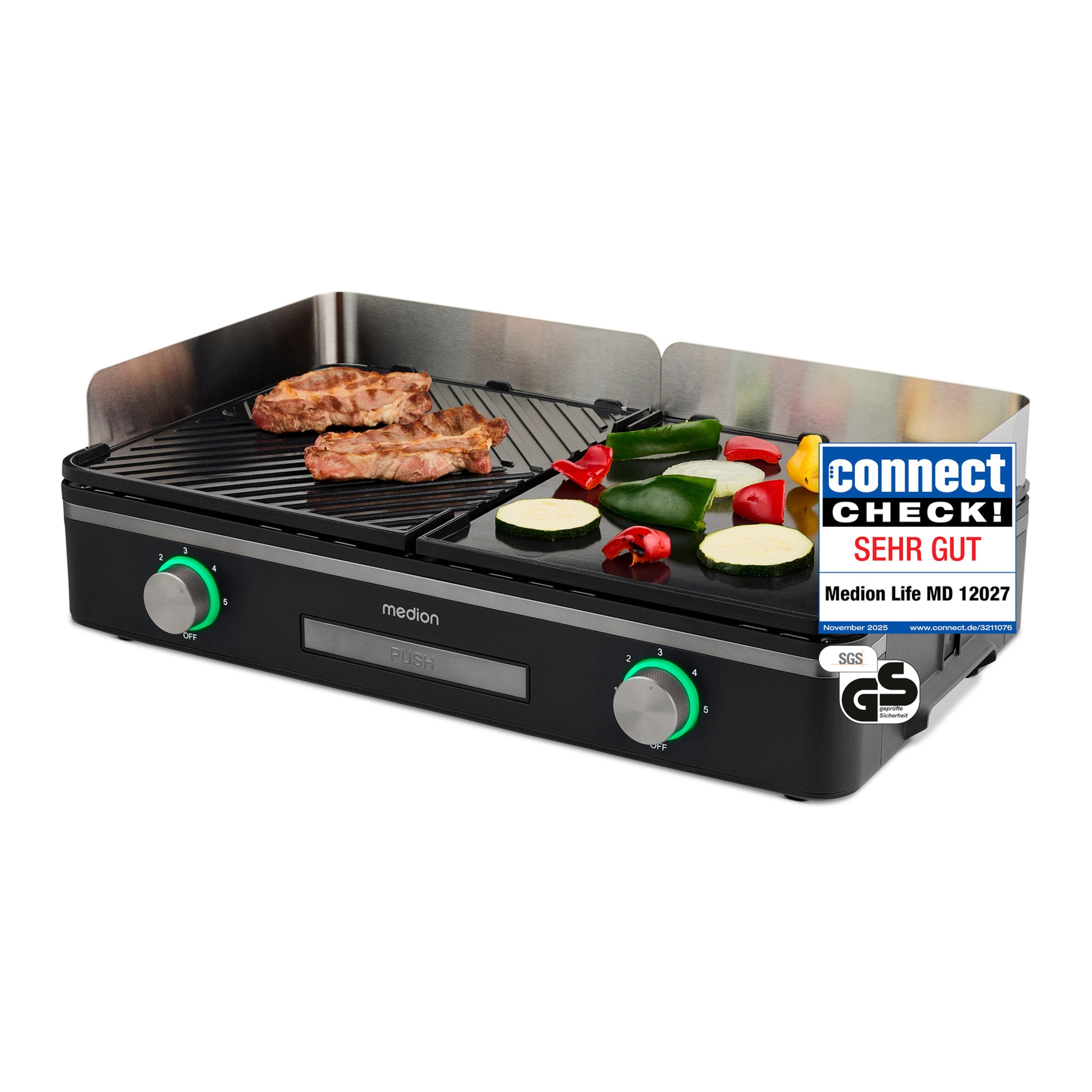 Medion® Tischgrill MEDION LIFE Tischgrill mit Dual-Zonen-System (MD12027), 2400 W, IPX4-Schutz, spülmaschinengeeignet (abnehmbare Teile)