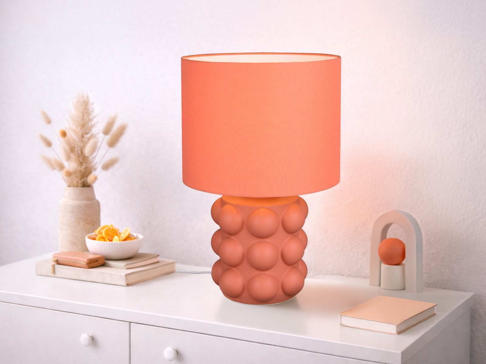 Reality Leuchten LED Nachttischlampe mit Lampenfuß Keramik, Höhe 47cm, Dimmfunktion, LED wechselbar, Warmweiß, Große Retro Tischlampe mit Stoff Lampenschirm, inkl. Leuchtmittel
