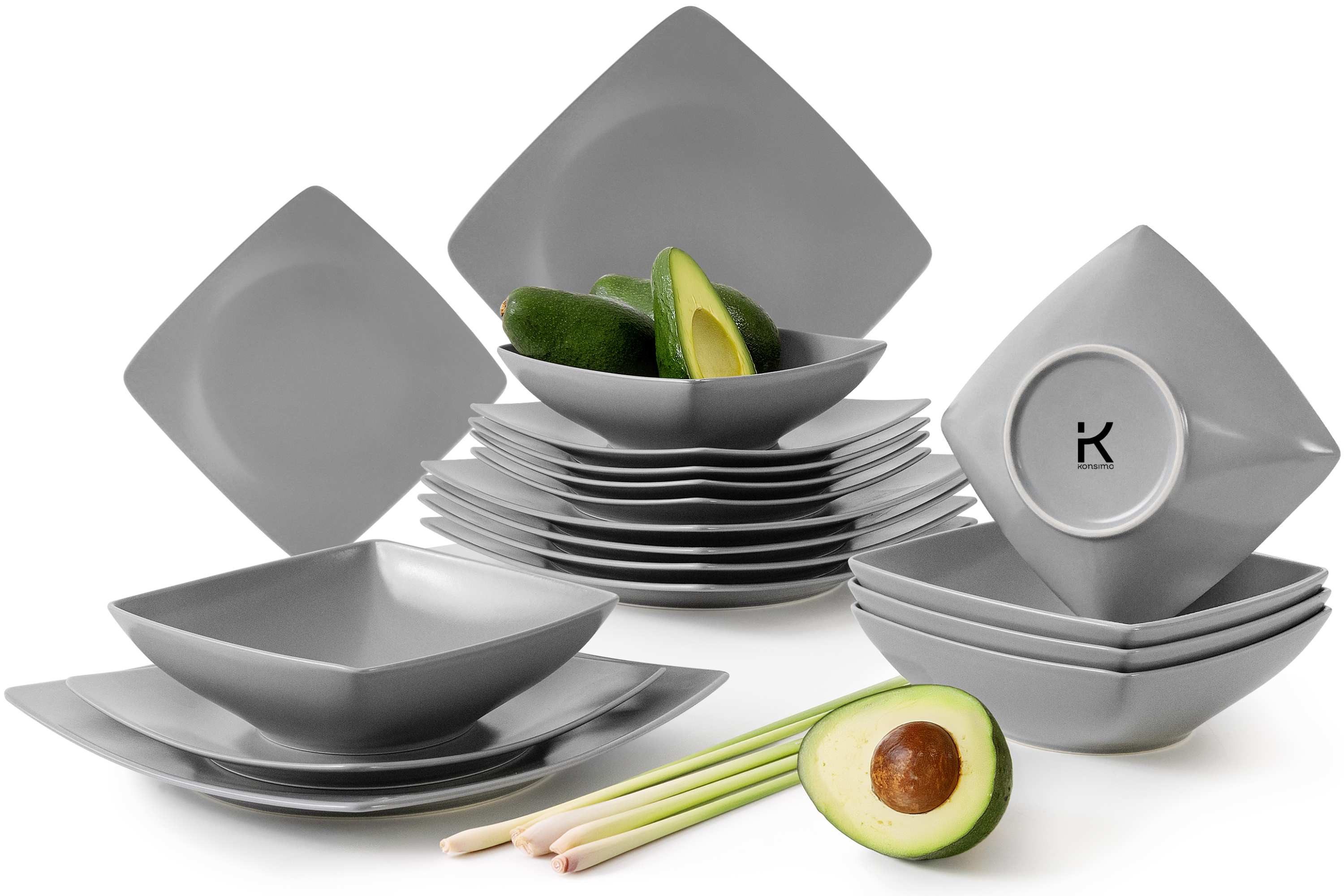 KONSIMO® Tafelservice EPIRI Geschirrset, Modern, hergestellt in der EU (18-tlg), 6 Personen, Keramik, quadratisch, Spulmachinen- und Mikrowellengeeignet