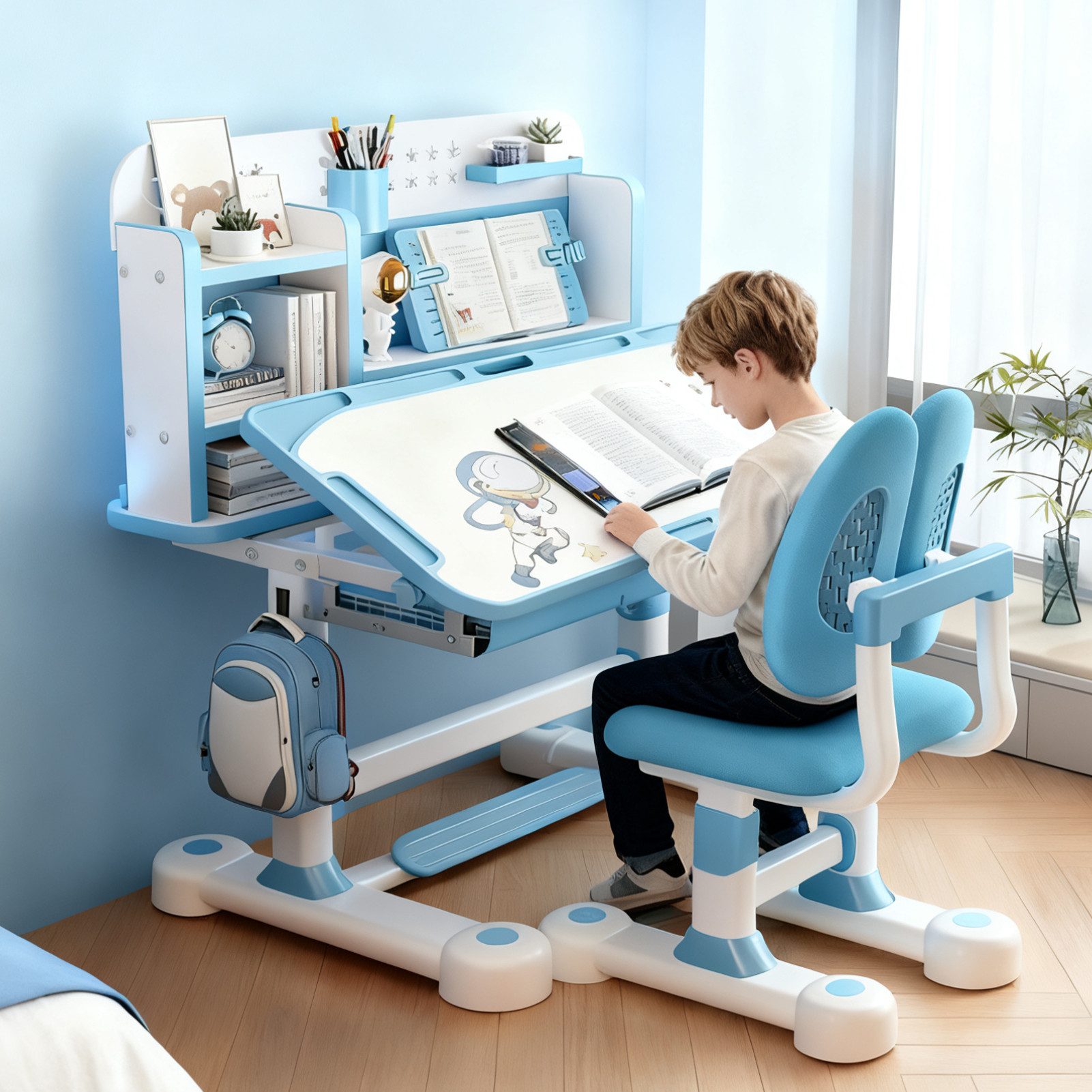 Rutaqian Kinderschreibtisch Kinder-Schreibtisch- und Stuhl-Set,Höhenverstellbar mit Sitzkorrektur (Multifunktionsschreibtisch mit Leseständer,Schublade,Rucksackhaken, 1-St., Ergonomischer Schreibtisch-Stuhl Set,Zonenförmig gestalteter Stauraum), Verstellbarer Schreibplatte, Kinder Schreibtisch für Jungs & Mädchen