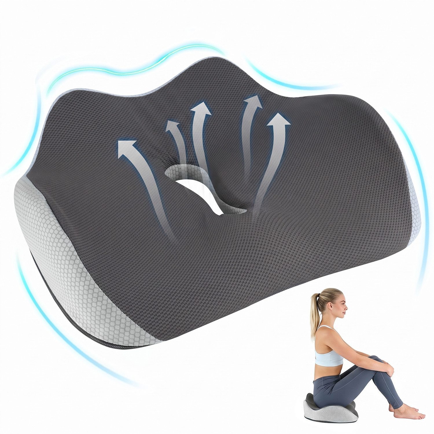 AIMAX Steißbeinkissen Hämorrhoiden Sitzkissen Orthopädisch Ergonomisch Multi-Stützkissen, Memory-Foam Sitzkissen für Bürostuhl, Auto & Zuhause, Rollstuhl, 1-tlg., Rutschfest, Atmungsaktiv, Komfortkissen mit waschbarem Bezug, Stuhlkissen zur Linderung von