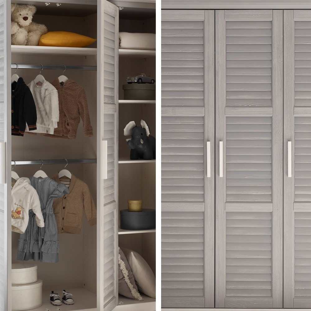 2 3 Lomadox Kleiderstangen, Kiefer Kleiderschrank grau, massiv AVON-78 Türen, weiß, Einlegeböden