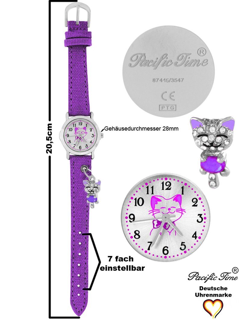 Pacific Time Quarzuhr Gratis Armbanduhr Katzenanhänger Versand Kinder violett Stoffarmband, mit