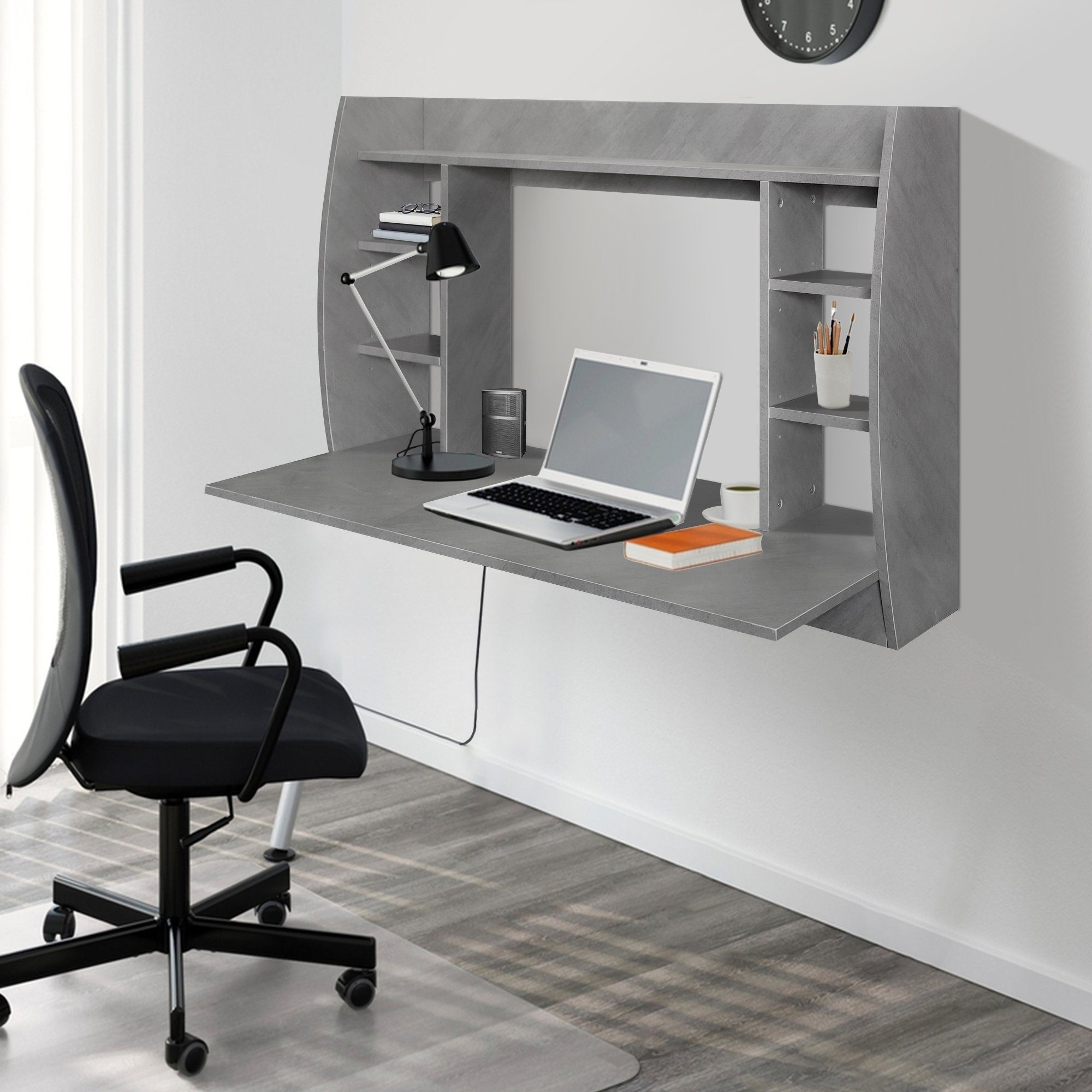 Computertisch Bürotisch geräumige 110x75x48cm Schreibtisch Wandschreibtisch Wandtisch stabilem mit Arbeitstisch, ML-DESIGN Fächer Regalelement Grau-Beton