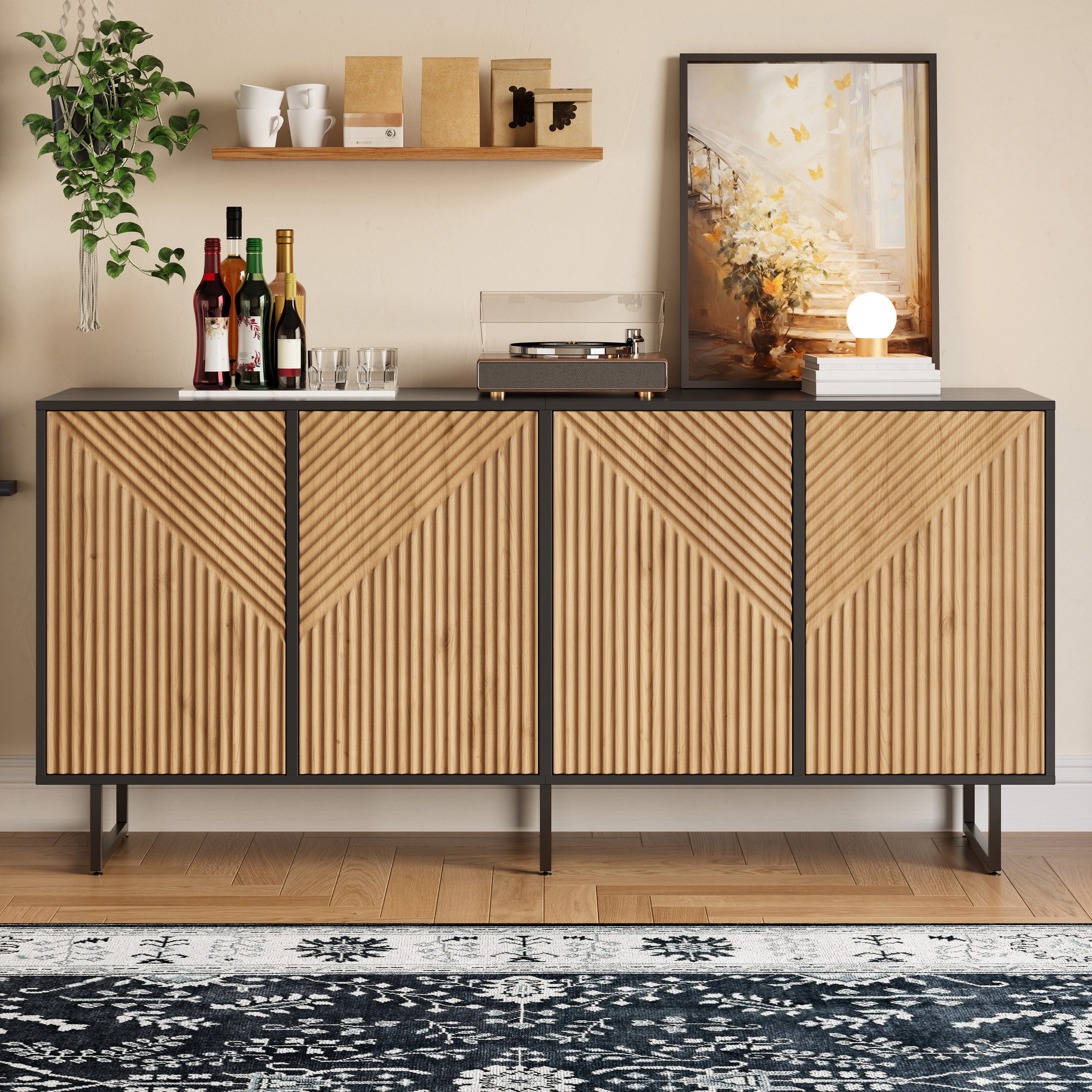 Merax Sideboard in Holzoptik & Schwarz (1 St), Wohnzimmerschrank mit 4 Türen, 8 Fächern und Metallbeinen, 160x40x75cm