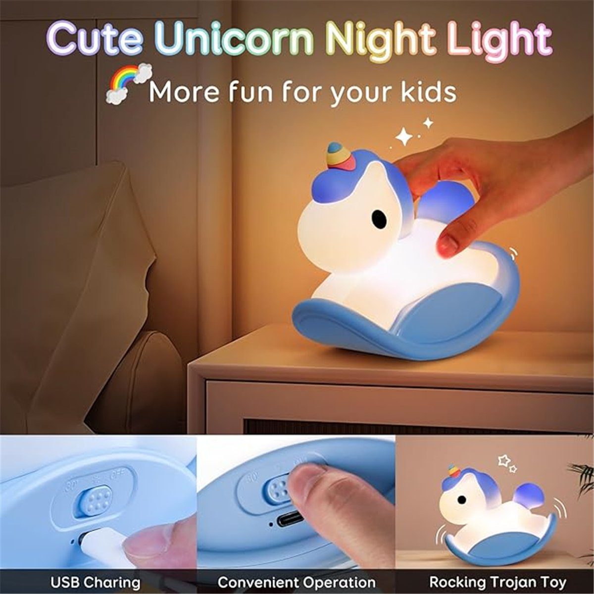 Kinder-Nachtlicht, LED K&B Nachtlicht Blau Einhorn-Nachtlicht, Baby-LED-Nachtlicht