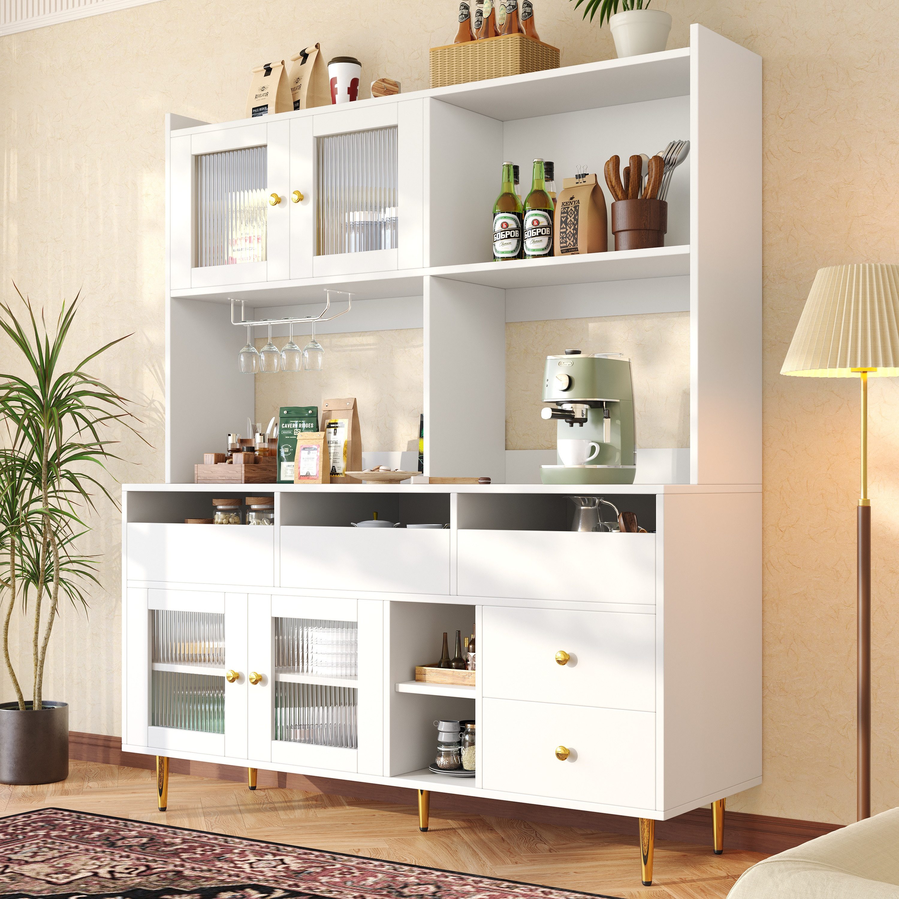 STILVORA Highboard Hochschrank mit Glastür,Weinglasregal&Stauraum,Vitrine mit Plattform