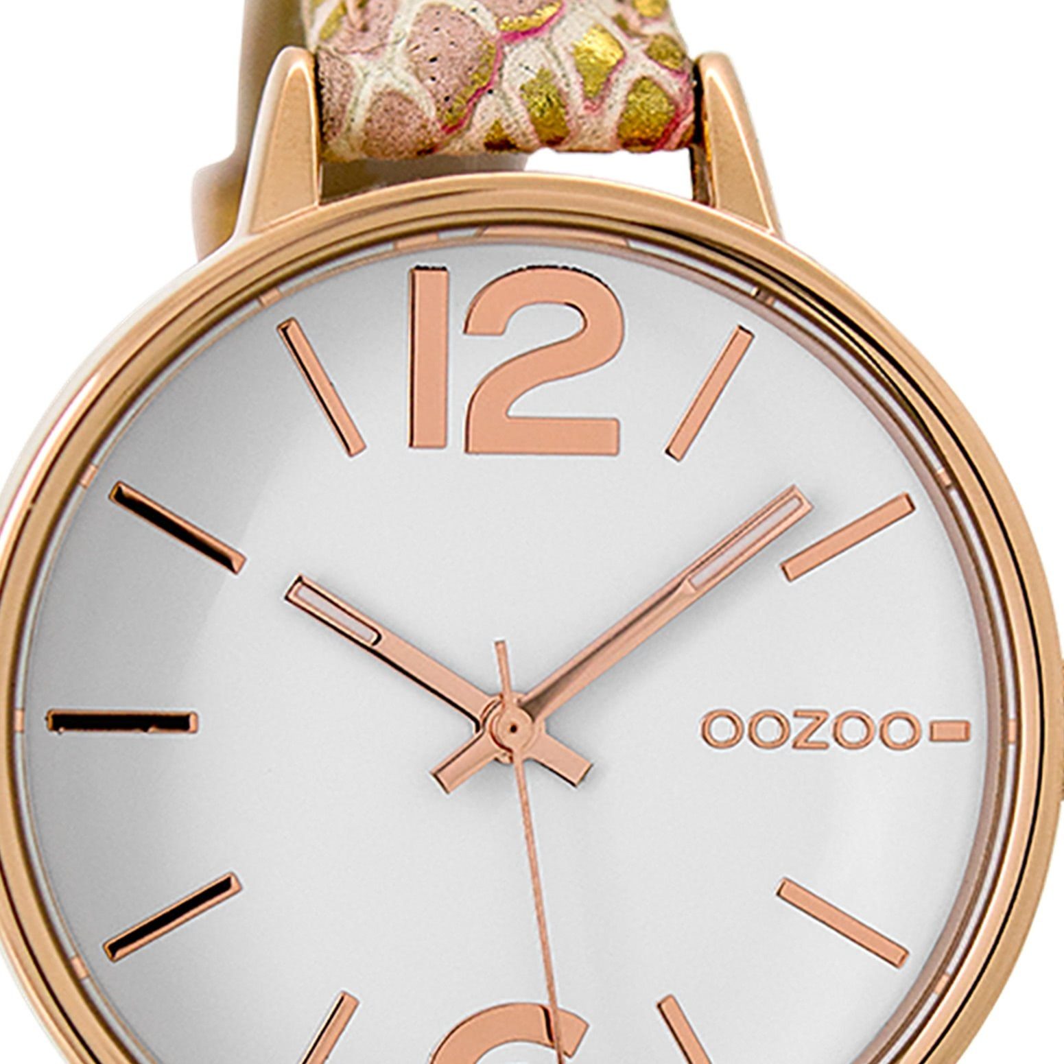 mittel Lederarmband, Damen Oozoo (ca. Armbanduhr 38mm) Fashion-Style Quarzuhr OOZOO pink rund, Damenuhr gold,