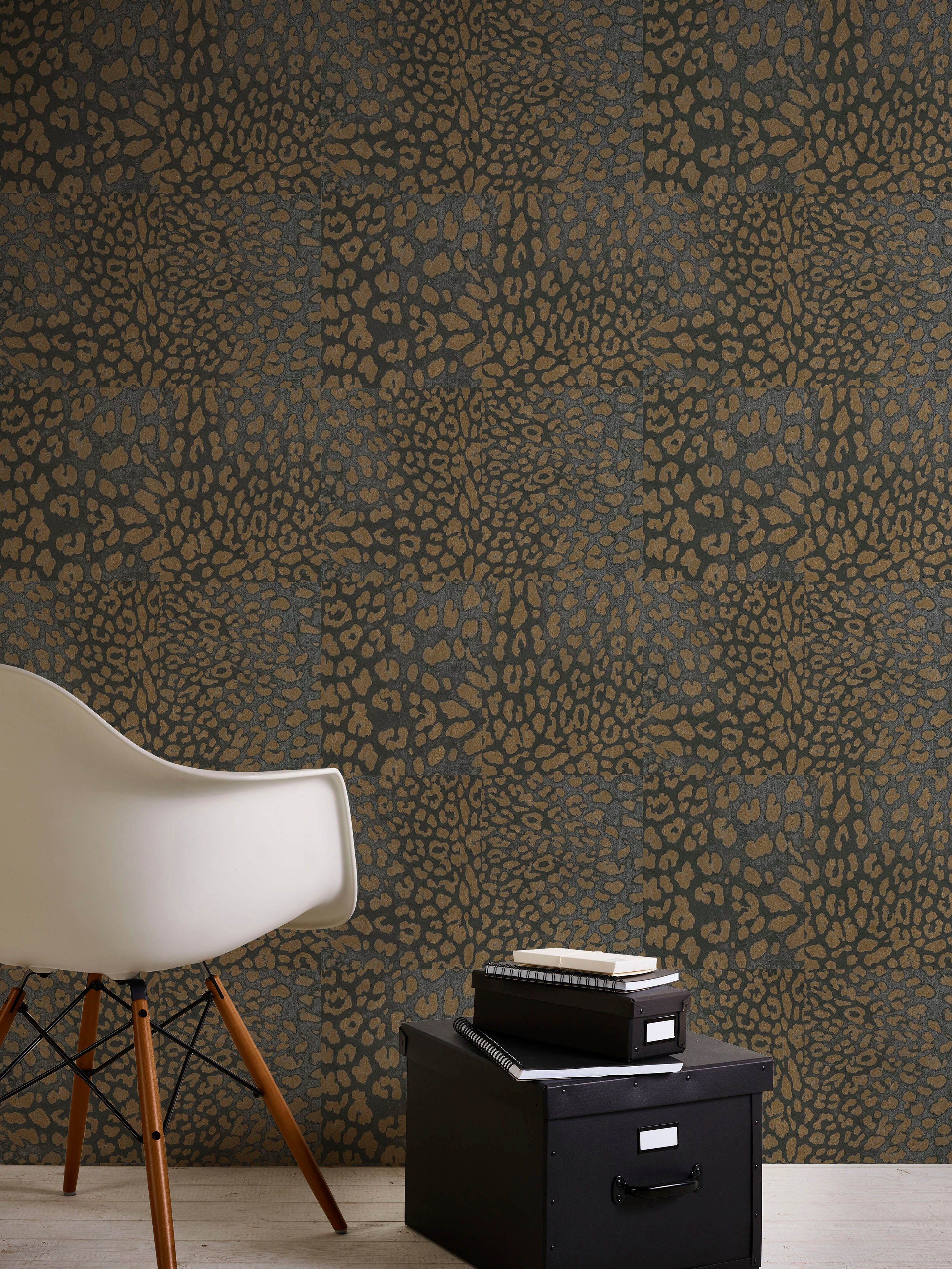 living walls Vliestapete Desert gemustert, Lodge, strukturiert, Fellimitat, gold/schwarz Leopardenmuster Tapete animal print