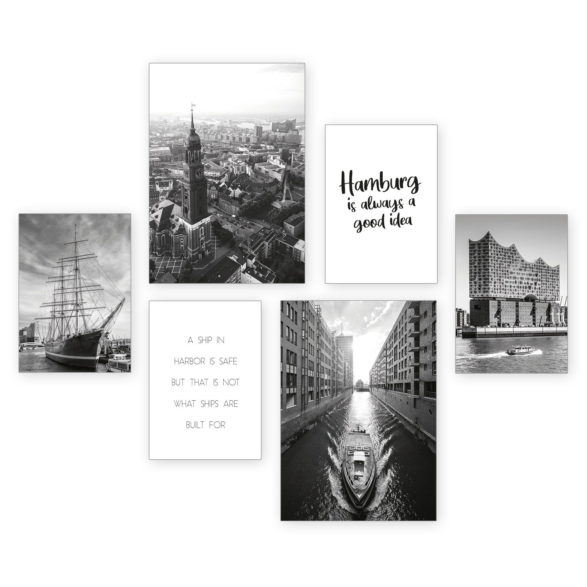 Kreative Feder Poster, Hamburg, Deutschland, Stadt, Meer, Küste, Schiff, Architektur, Hafen (Set, 6 St), 6-teiliges Poster-Set, Wandbild, Posterwand, optional mit Rahmen