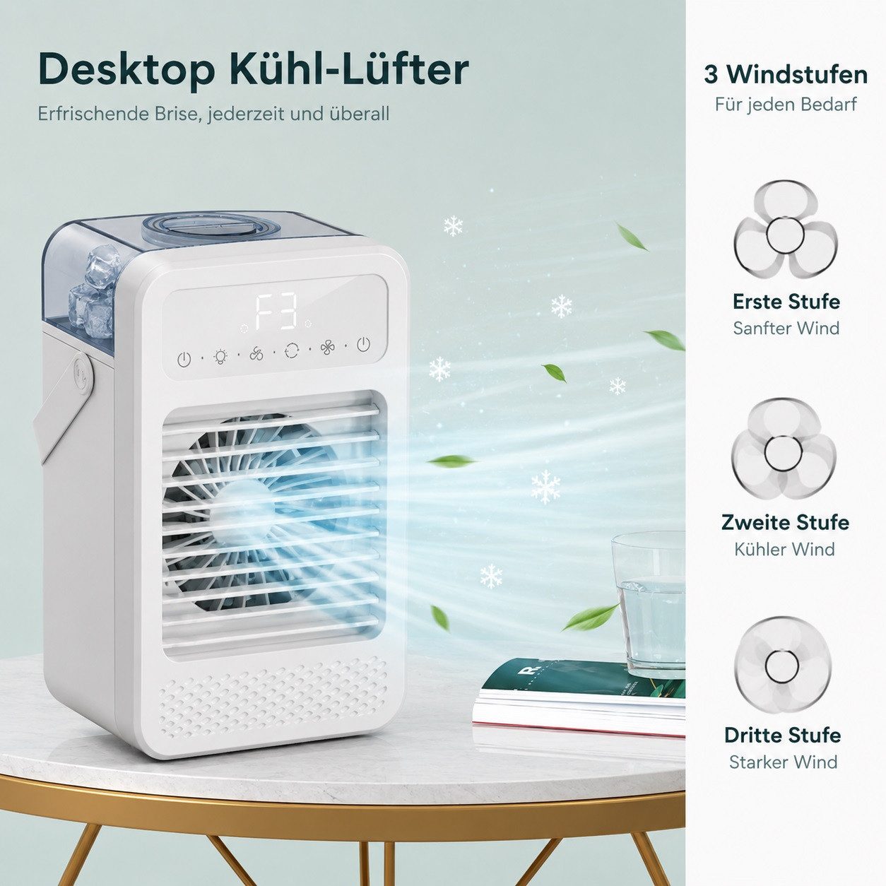 MOPUEA Ventilatorkombigerät Tragbare Mobiles Klimagerät 4-in-1, Mini Luftkühler mit Wasserkühlung, 600ml Wassertank, 4 Windgeschwindigkeiten, Timer, Farben Licht