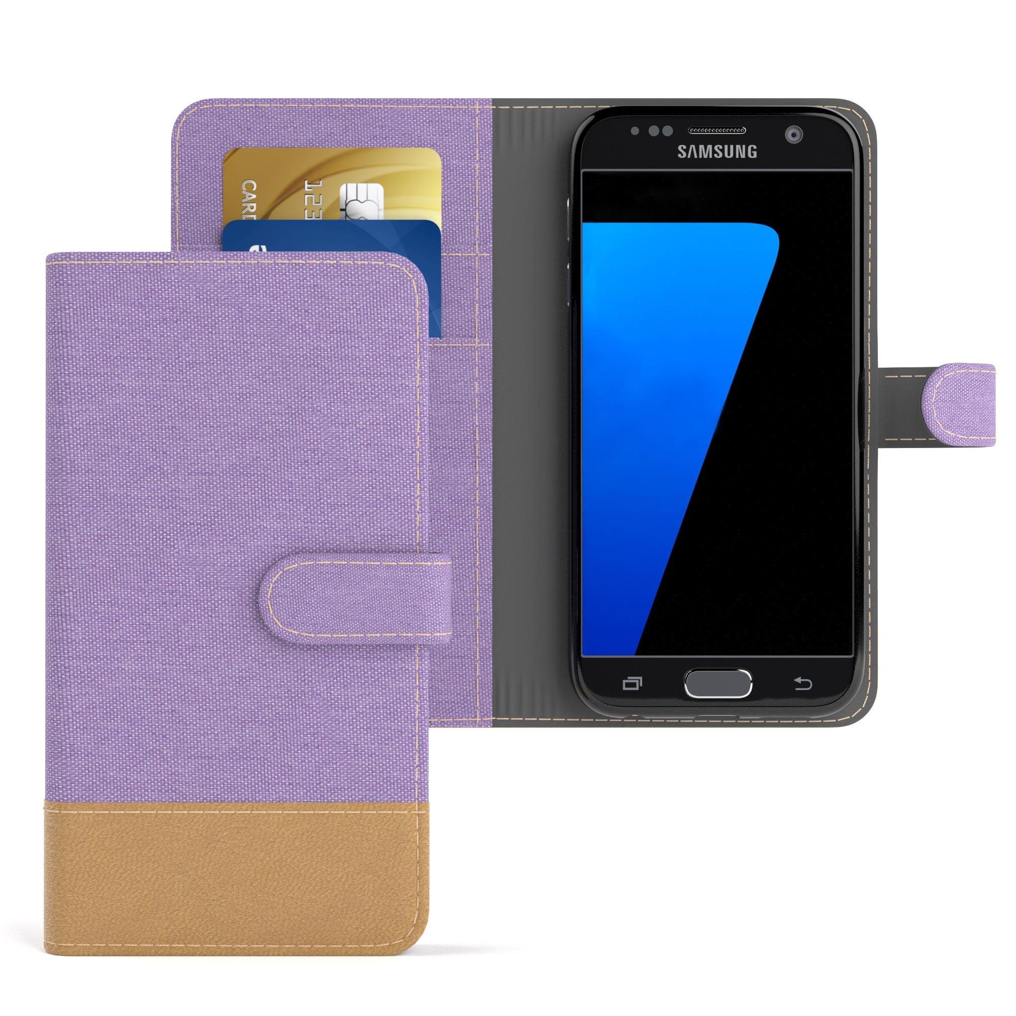 EAZY CASE Handyhülle Bookstyle Jeans für Samsung Galaxy S7 5,1 Zoll, Bookstyle Klapphülle mit Visitenkartenfach aus Kunstleder Lila Violett