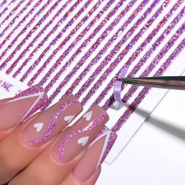 Scheiffy Nageldesign Zubehör 6 Farben Glitzer Linien Nagelaufkleber, Selbstklebend Nagelsticker, 3D Holographische Nagelkunst