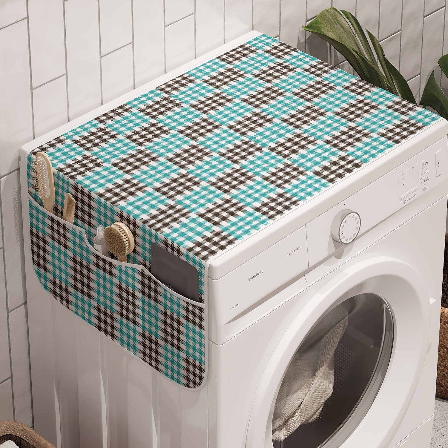 Abakuhaus Badorganizer Anti-Rutsch-Stoffabdeckung für Waschmaschine Bicolor Checkered Retro Plaid und Trockner