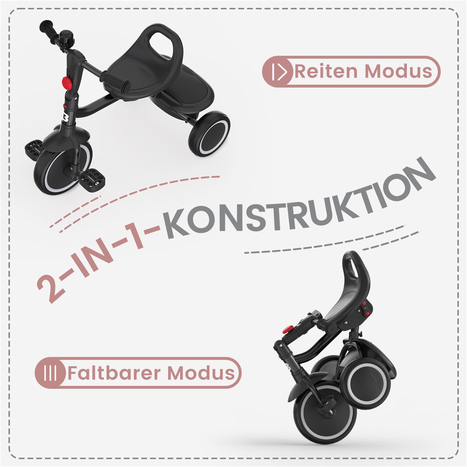 besrey Dreirad Dreirad Kinderdreirad Kinderfahrrad mit Spielkorb, Klingel, Mit Fahrradklingel und Korb, Kippfreies Design,Fahr- und Klappmodus