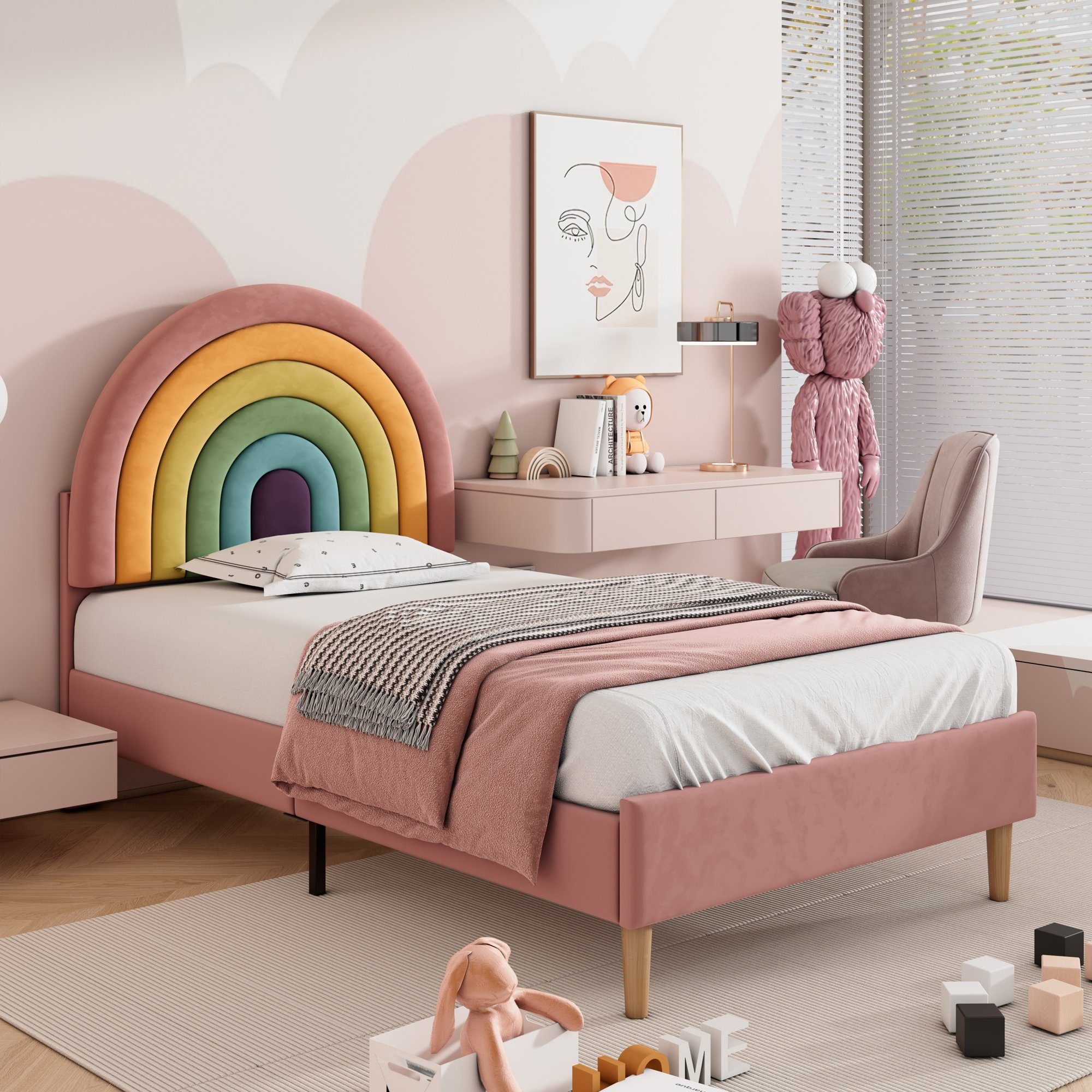 SOFTWEARY Polsterbett höhenverstellbar, mit Lattenrost, Samt, gepolsterter rosa Jugendbett 90x200 Bezug (Einzelbett Kopfteil cm), aus