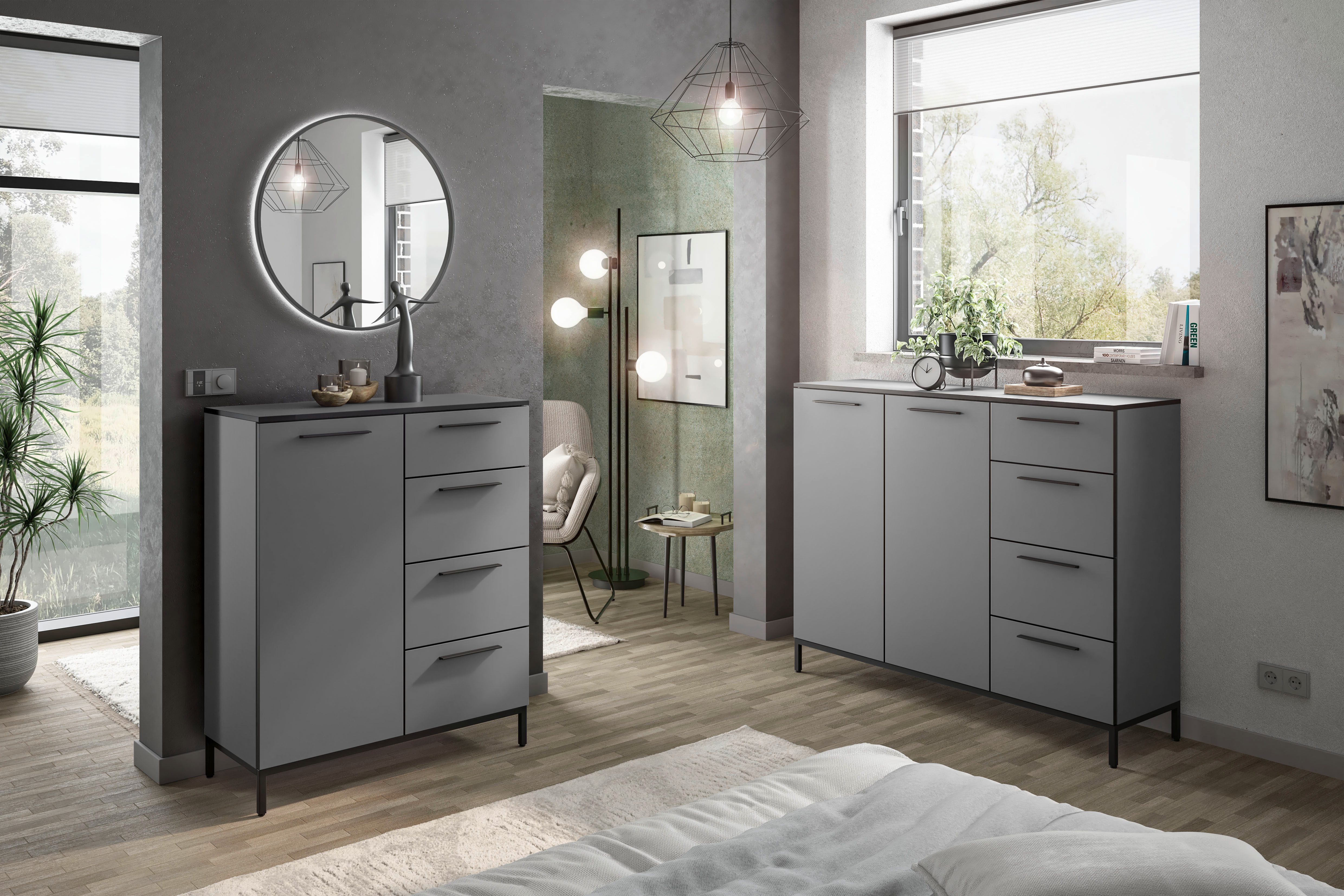 Manjana Möbel Kommode mit Schwarz matten Metallgriffen in verschiedenen Ausführungen, mit Soft-Close-Funktion, mit melaminbeschichteter Oberfläche