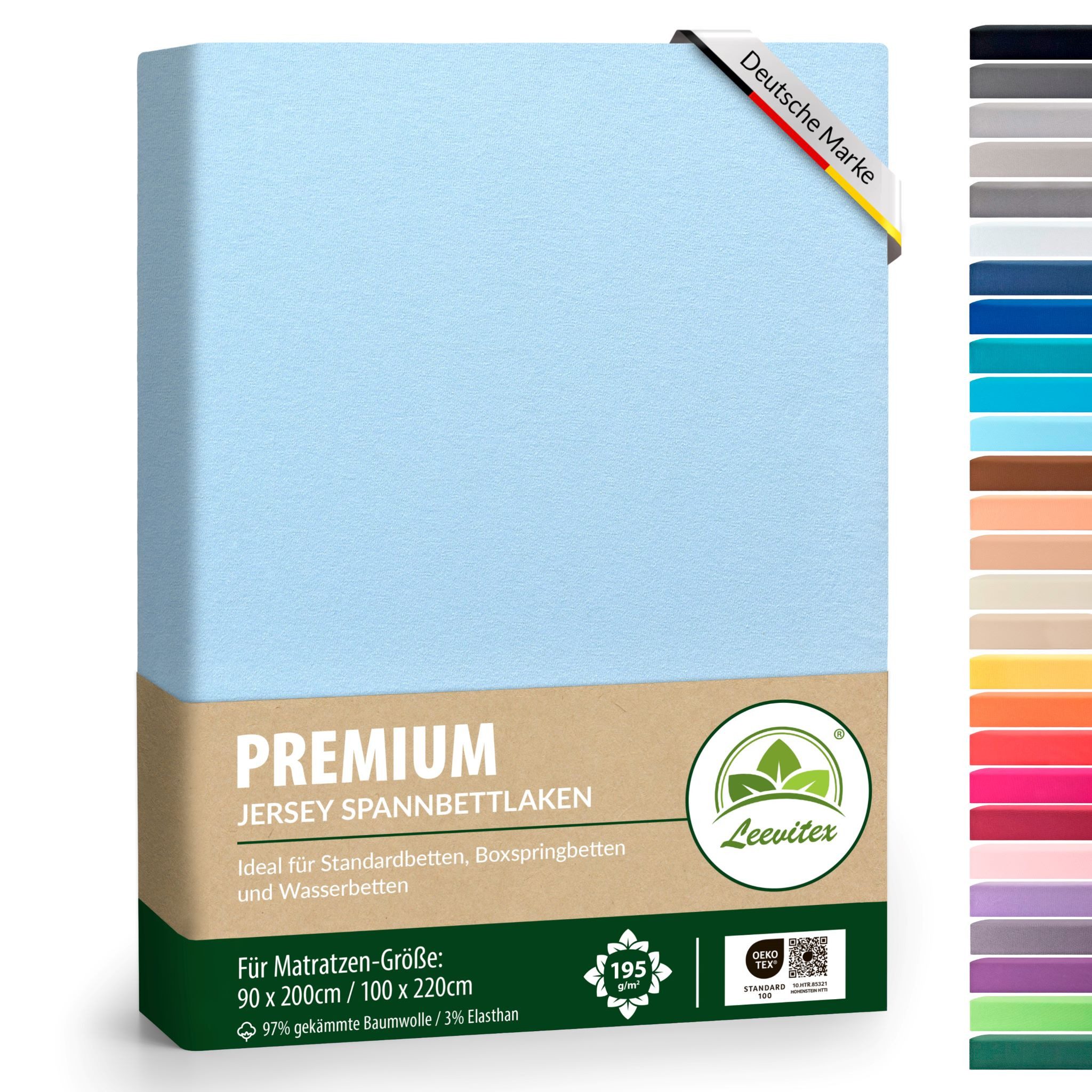 leevitex® Spannbettlaken Premium, verschiedene Größen, Stoffgewicht 195 g/m², 40 cm Steghöhe, Jersey-Elasthan, Gummizug: rundum, (1 Stück), verschiedene Farben, OEKO-TEX® STANDARD 100 zertifiziert