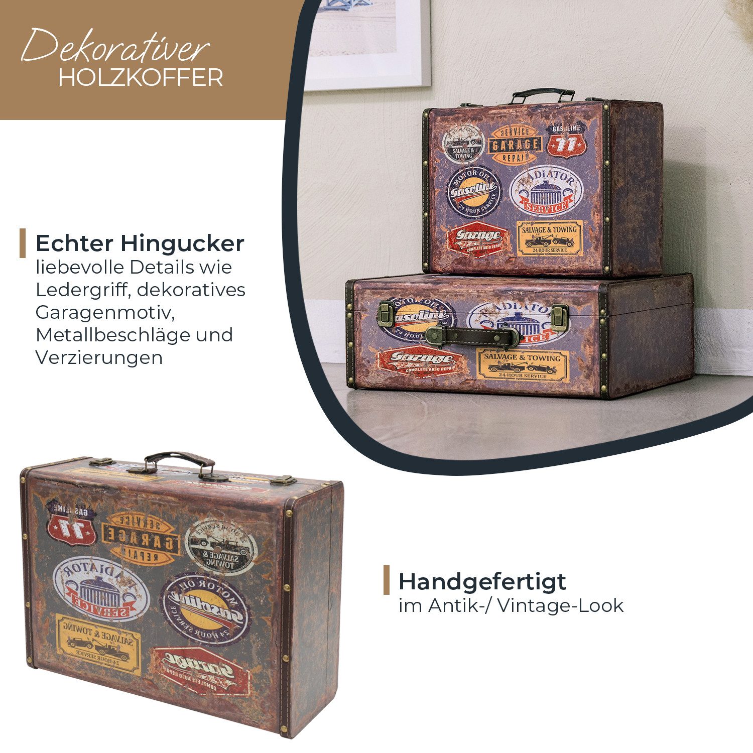 HMF Aufbewahrungsbox Vintage Koffer Holz, Aufbewahrungsbox mit Deckel und Ledergriff als, Geschenkidee für Hochzeit oder Geburtstag, Garage, 44 x 32 x 16 cm – Bild 2 von 5