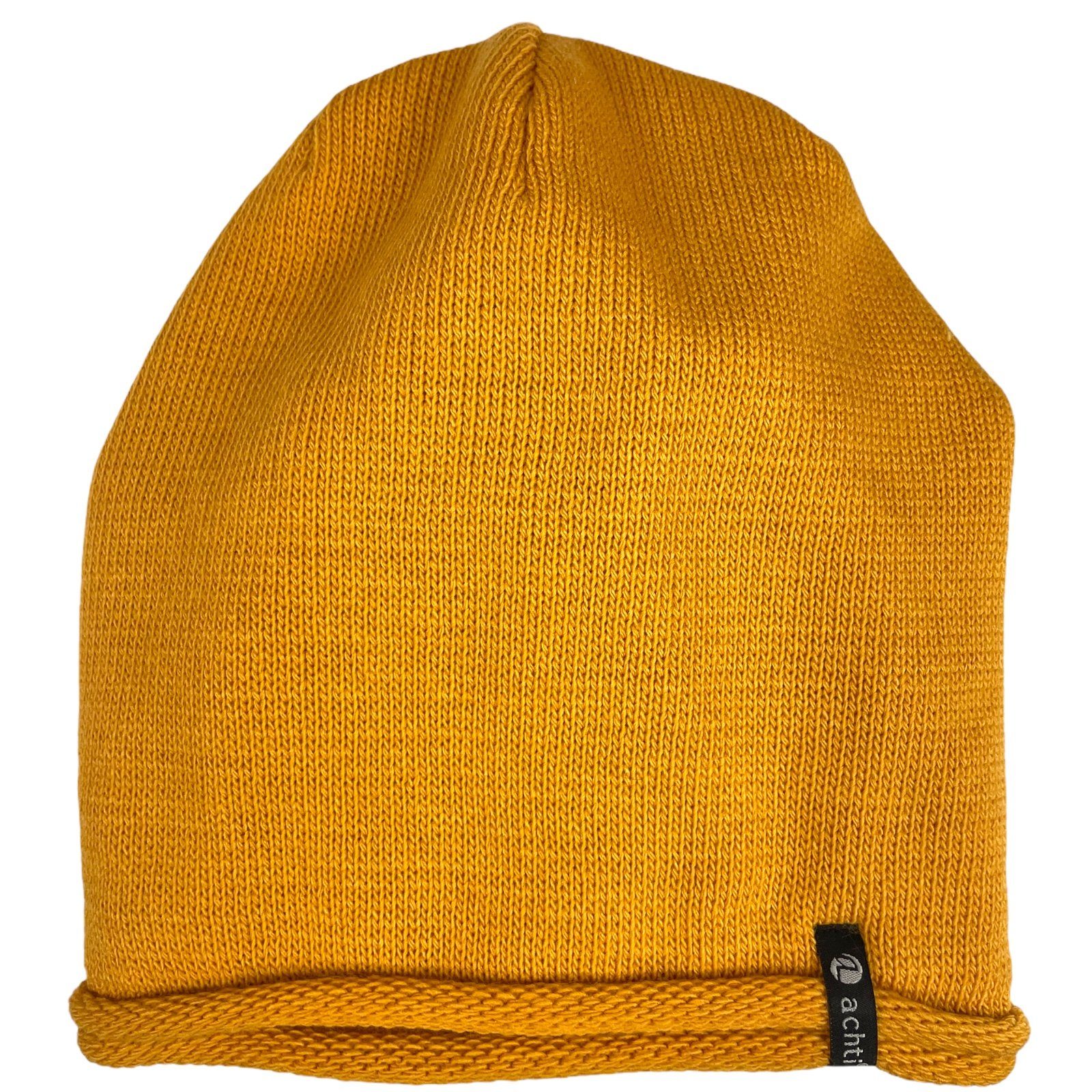 Taschen4life Beanie Damen Mütze lange Bommel, Rund-strick honig gefüttert, ohne uni leicht Passform gelb AZ1378PC Longbeanie