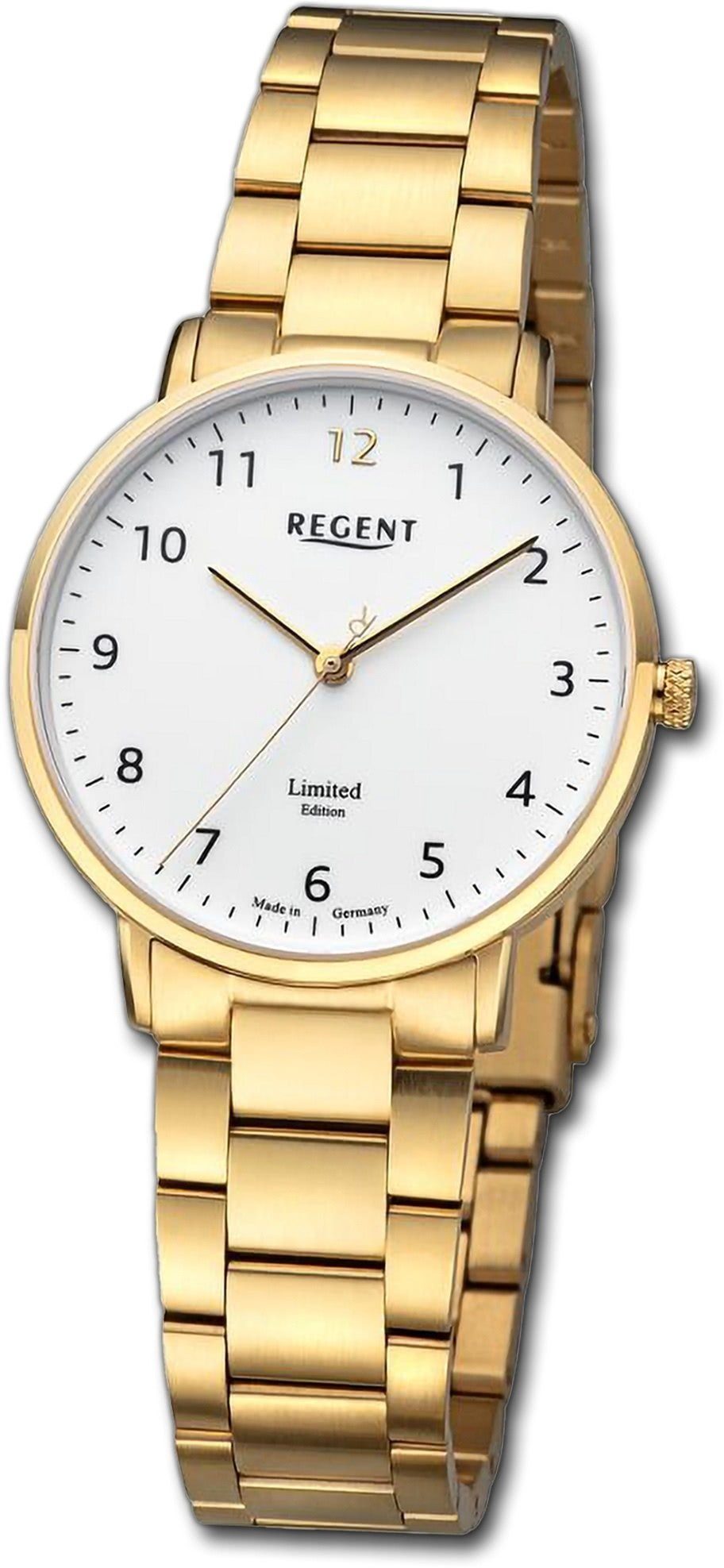 Regent Quarzuhr Regent Damen Armbanduhr Analog, Damenuhr Metallarmband gold, rundes Gehäuse, extra groß (ca. 32mm) | Quarzuhren