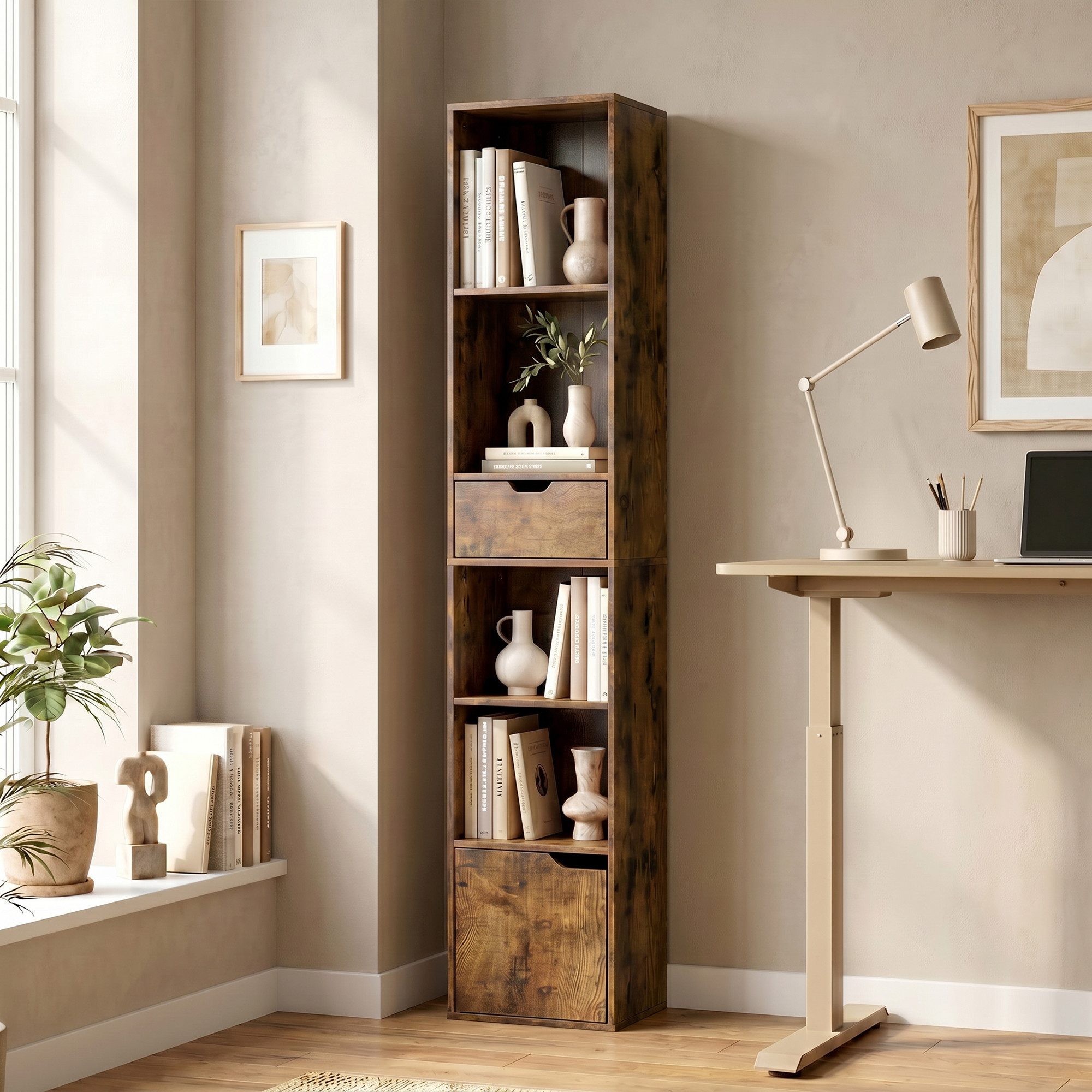 HOMCOM Bücherregal Schmaler Aufbewahrungsregal, Standregale 1-tlg., für Wohnzimmer, Büro, Rustikal-Braun