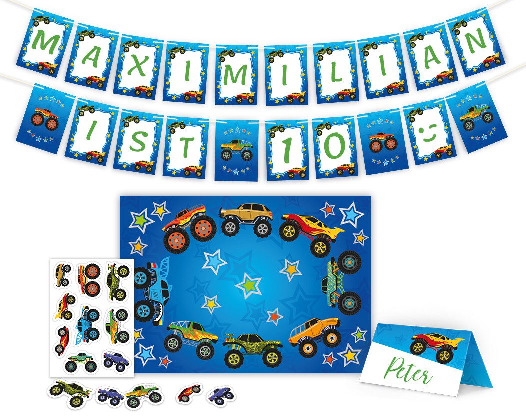 JUNAPACK Papierdekoration Party Set Deko Girlande Konfetti Tischset Kinder Geburtstag Auto Truck, Party Set mit Girlande, Konfetti und Tischsets Monster Truck Auto