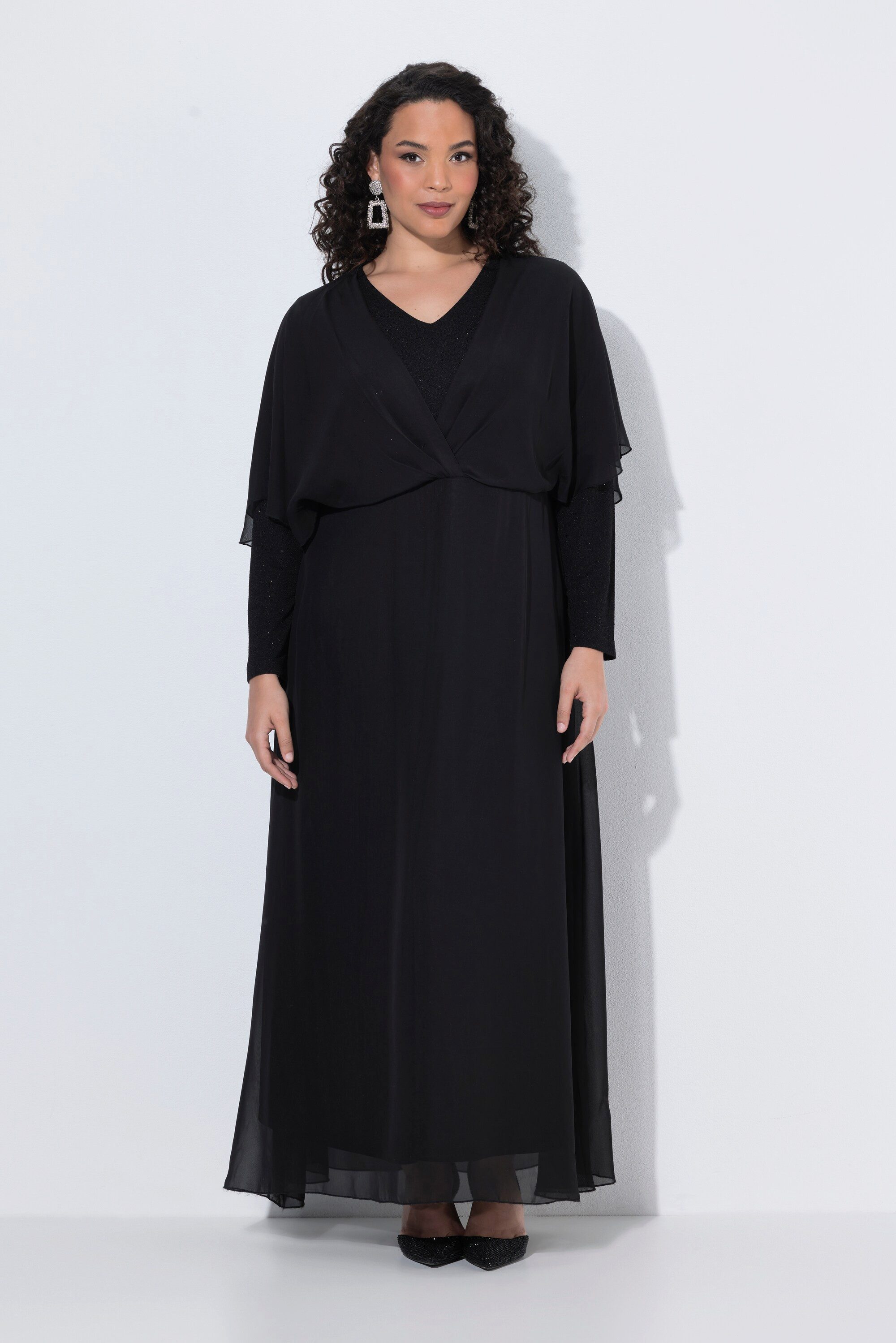 Ulla Popken Maxikleid Chiffon-Maxikleid Glitter V-Ausschnitt Langarm