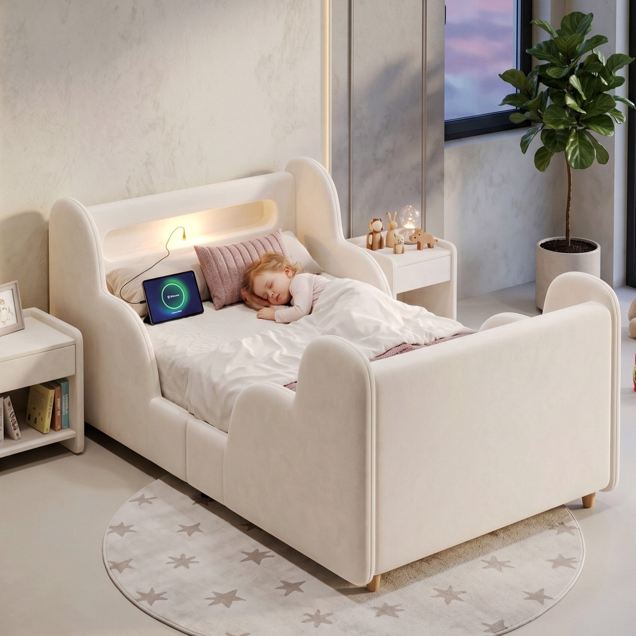 Odikalo Kinderbett Polsterbett 90x200 mit Schutzgeländer Nachtlicht & USB (mit Ablagefächern, Bettbeine aus Massivholz)
