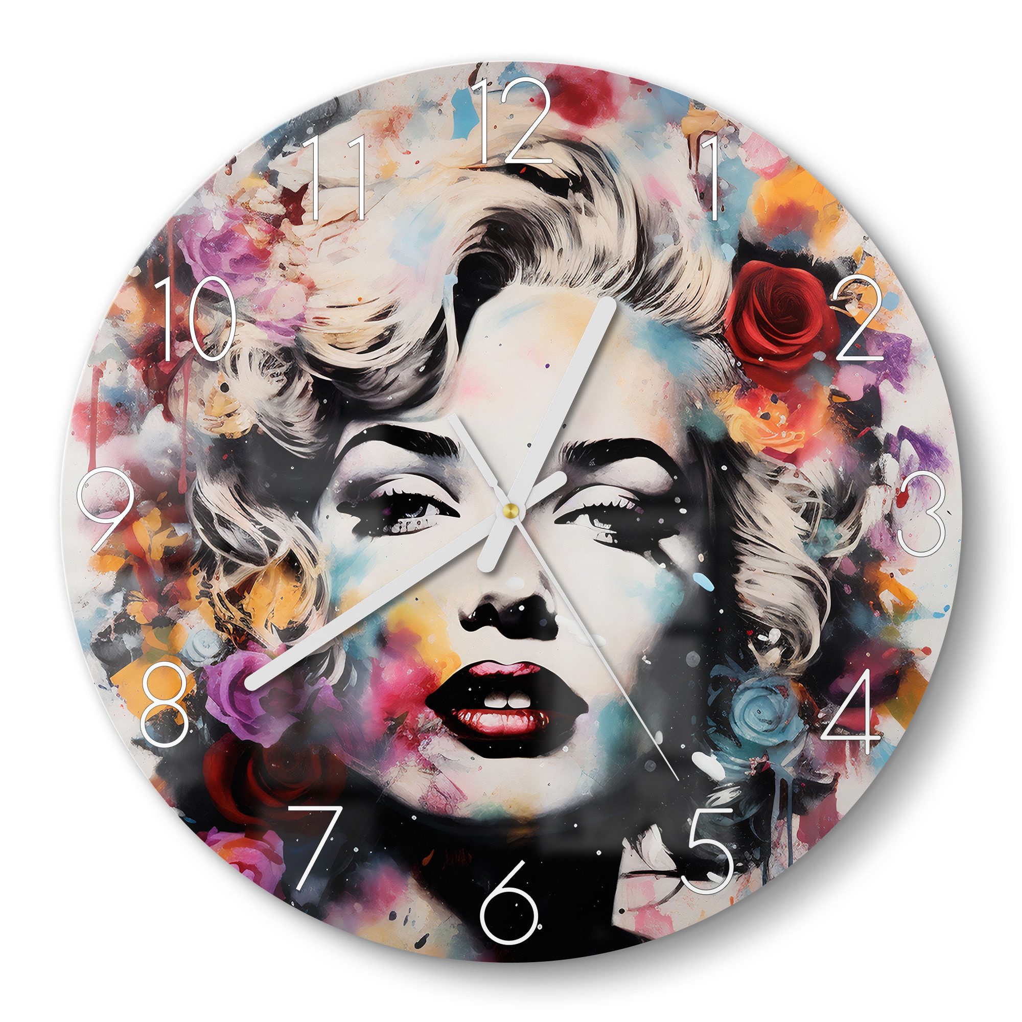 DEQOART Wanduhr 'Blütenzauber Hollywood' (Glas Glasuhr modern Wand Uhr Design Küchenuhr)