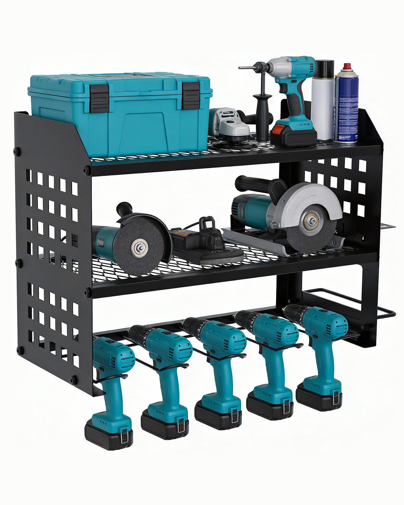 Ribelli Werkzeughalter Werkzeug Wandhalterung 3 Ebenen mit Haken für 4 Elektrowerkzeug, Akkuschrauber Halterung, Werkzeugspeicher für Garage Werkstatt Keller