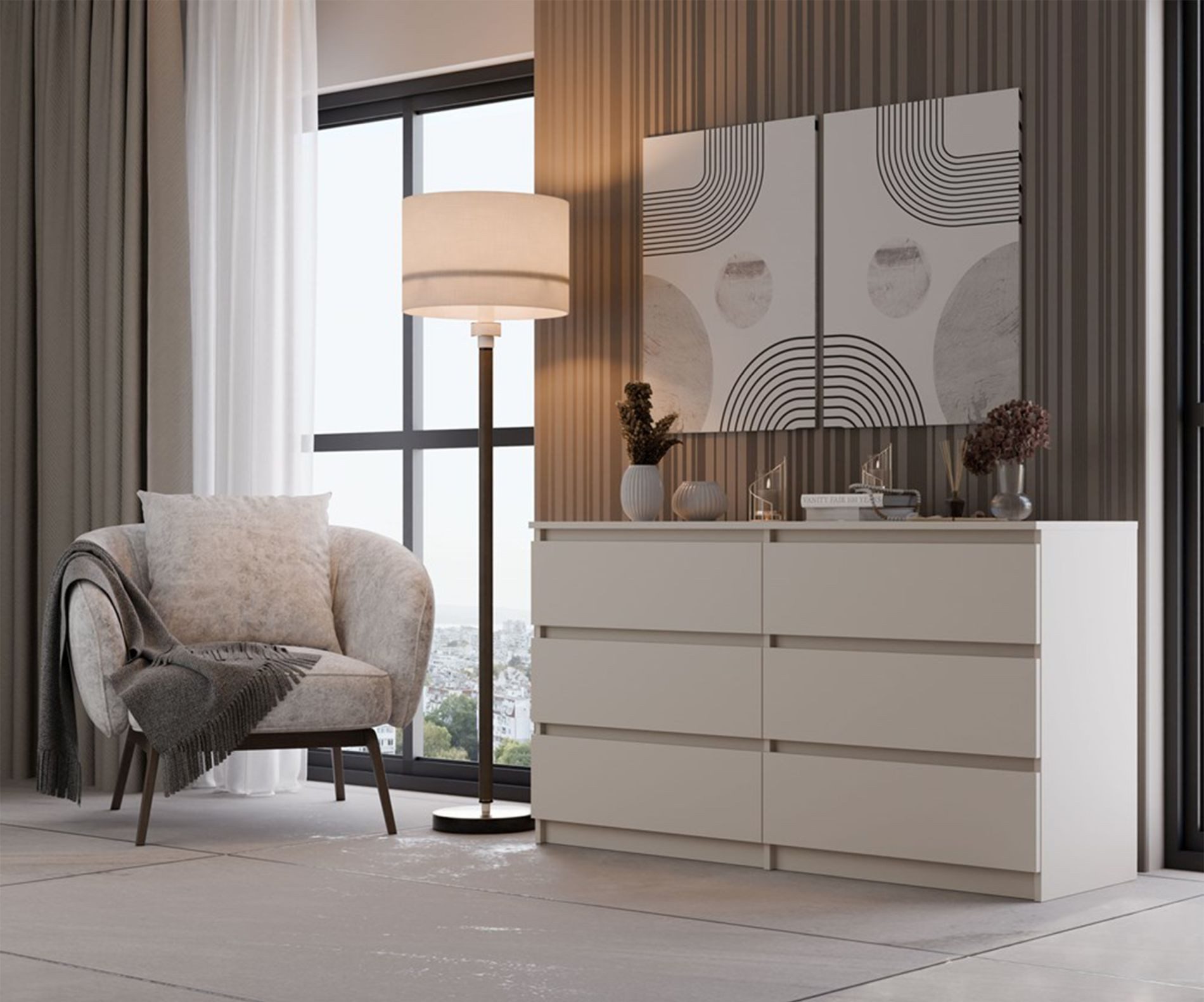 Selsey Kommode MALWA, Stauraumkommode, Schubladen mit Auszugsstopp, Weiß, Grau, Greige