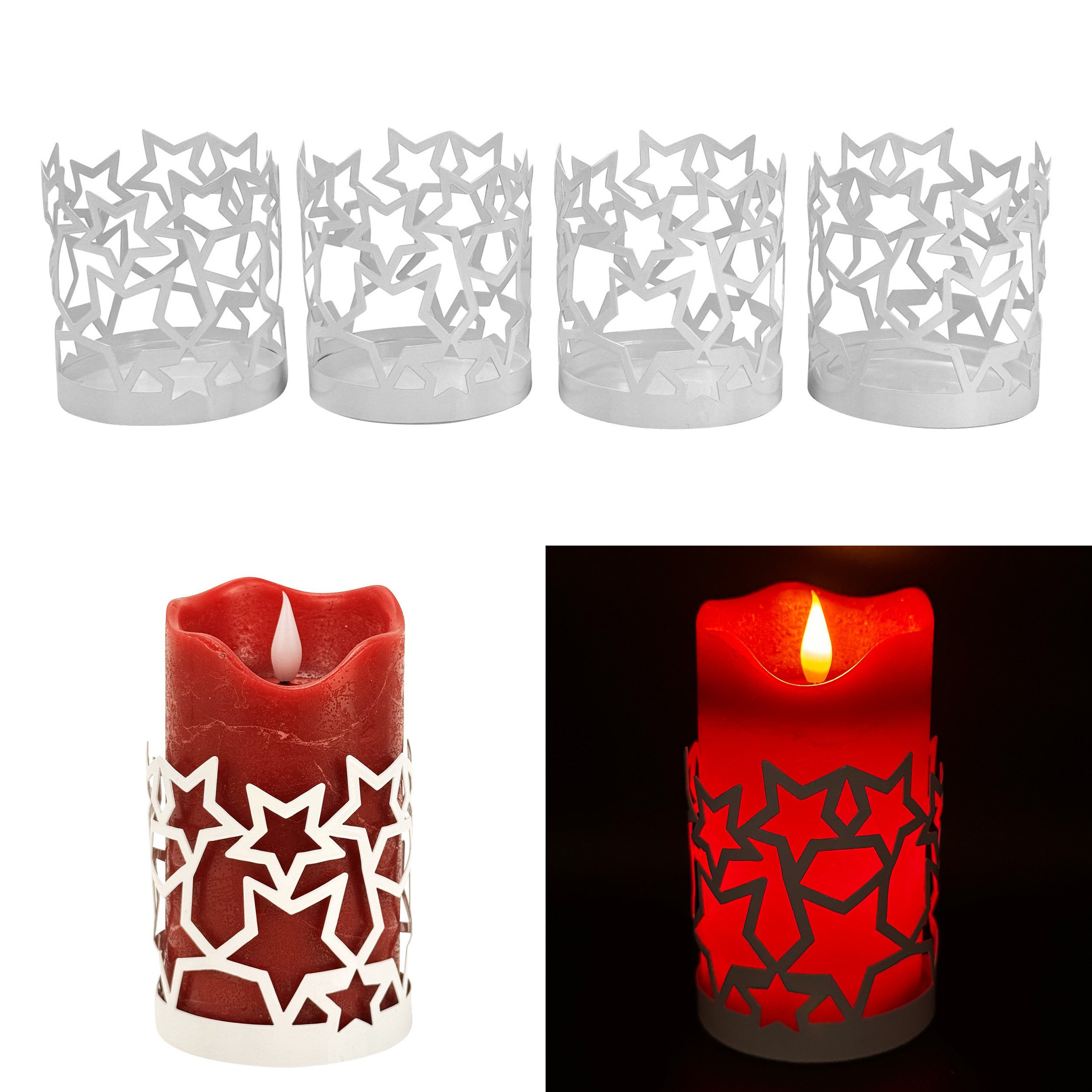 Online-Fuchs Kerzenständer - 4 Kerzenhalter Sterne für Stumpenkerzen - Weihnachtsdekoration (Weiß oder Rot, für Kerzen bis 7,5 cm Durchmesser), filigranes Sternendesign für eine stimmungsvolle Beleuchtung