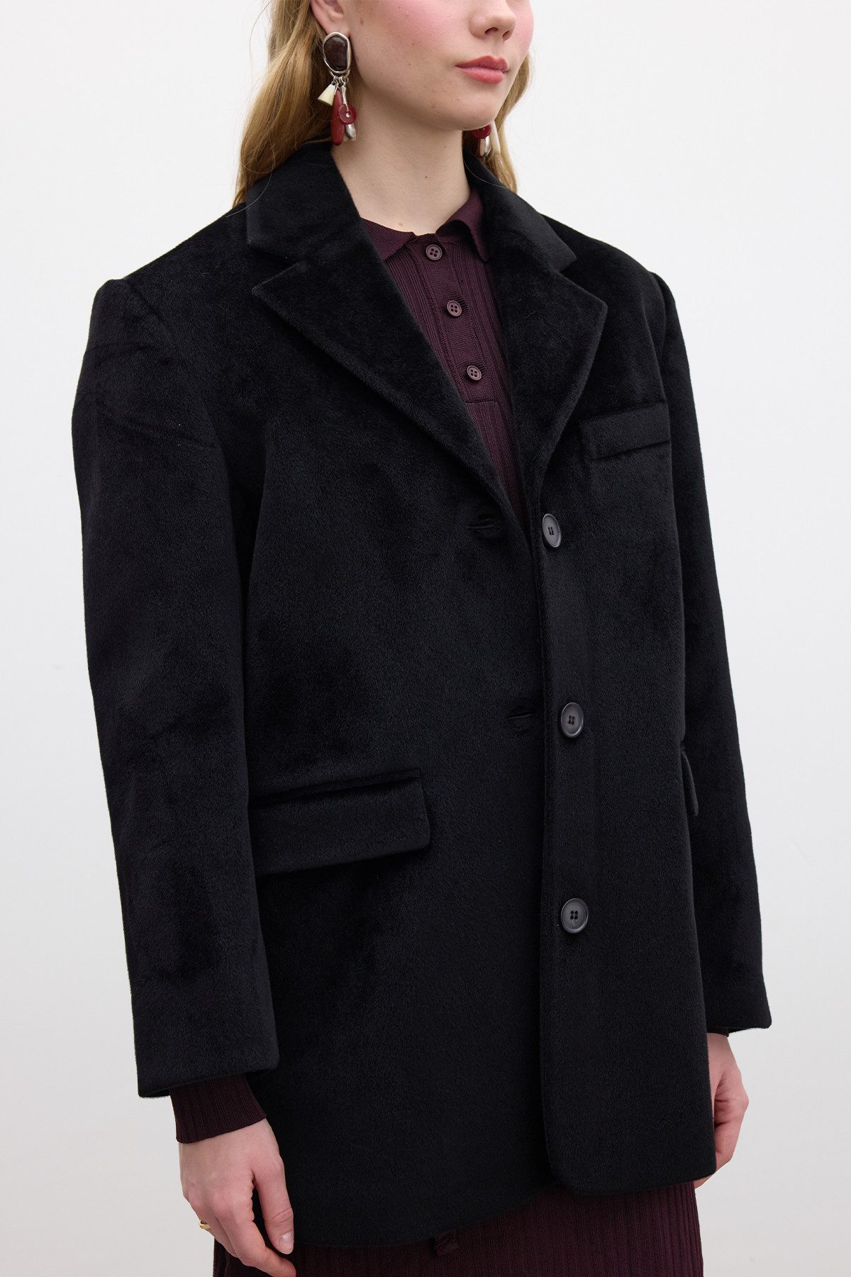 MANUKA Windbreaker Gürtelter schwarzer Wollmantel