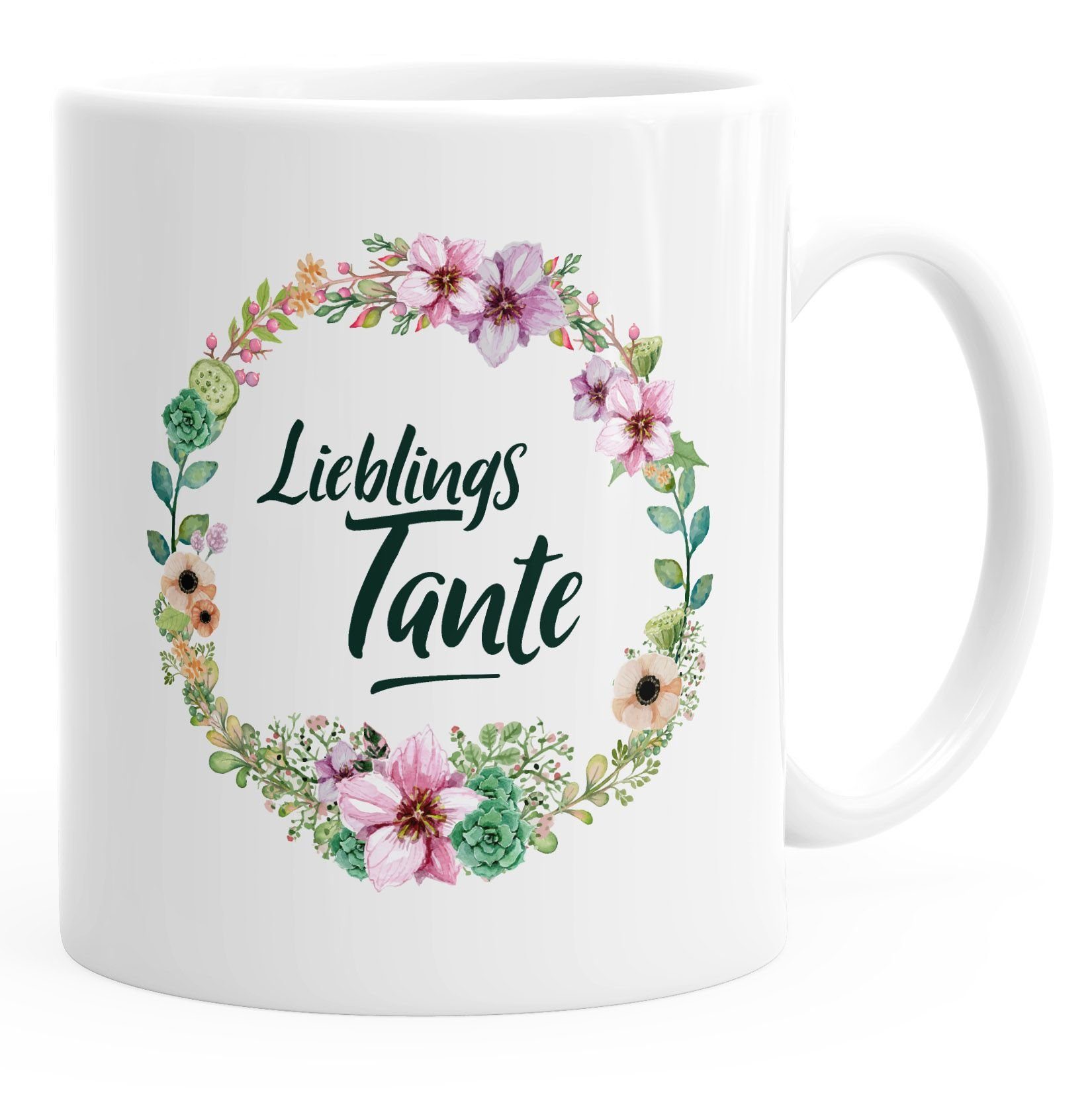 MoonWorks Tasse Kaffee-Tasse Geschenk-Tasse Geschenk für Tante Lieblingstante Blumen Bordüre Blumenranke Blüten Familie MoonWorks®, Keramik