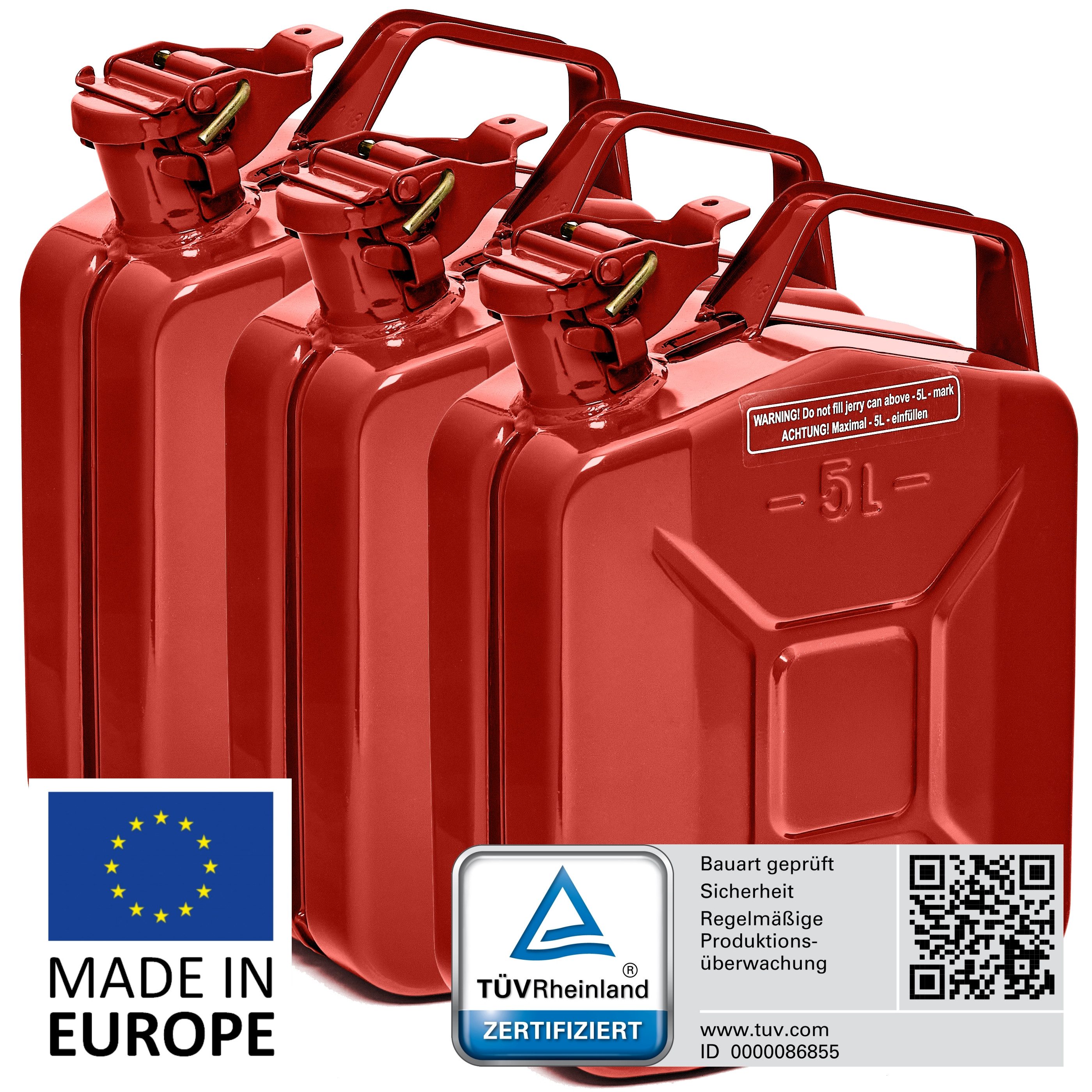 BW Benzinkanister Metall Kraftstoffkanister 3x 5 Liter - Rot - RAL 3000 (nach NATO Standard, Made in Europe), TÜV-geprüft und UN-Zulassung